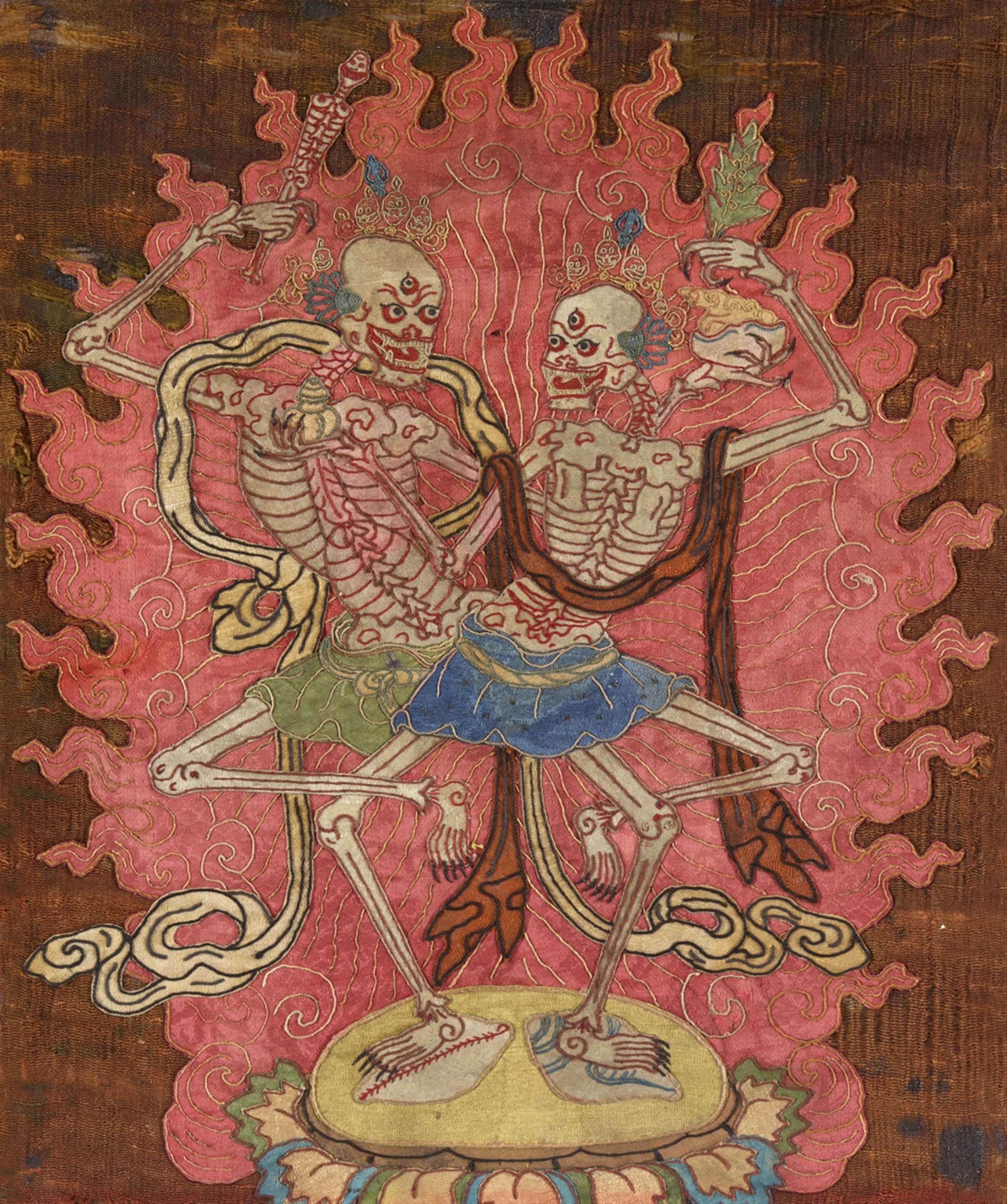 A Tibetan appliqué of a dancing skeleton couple (citipati). 19th/20th century - image-1