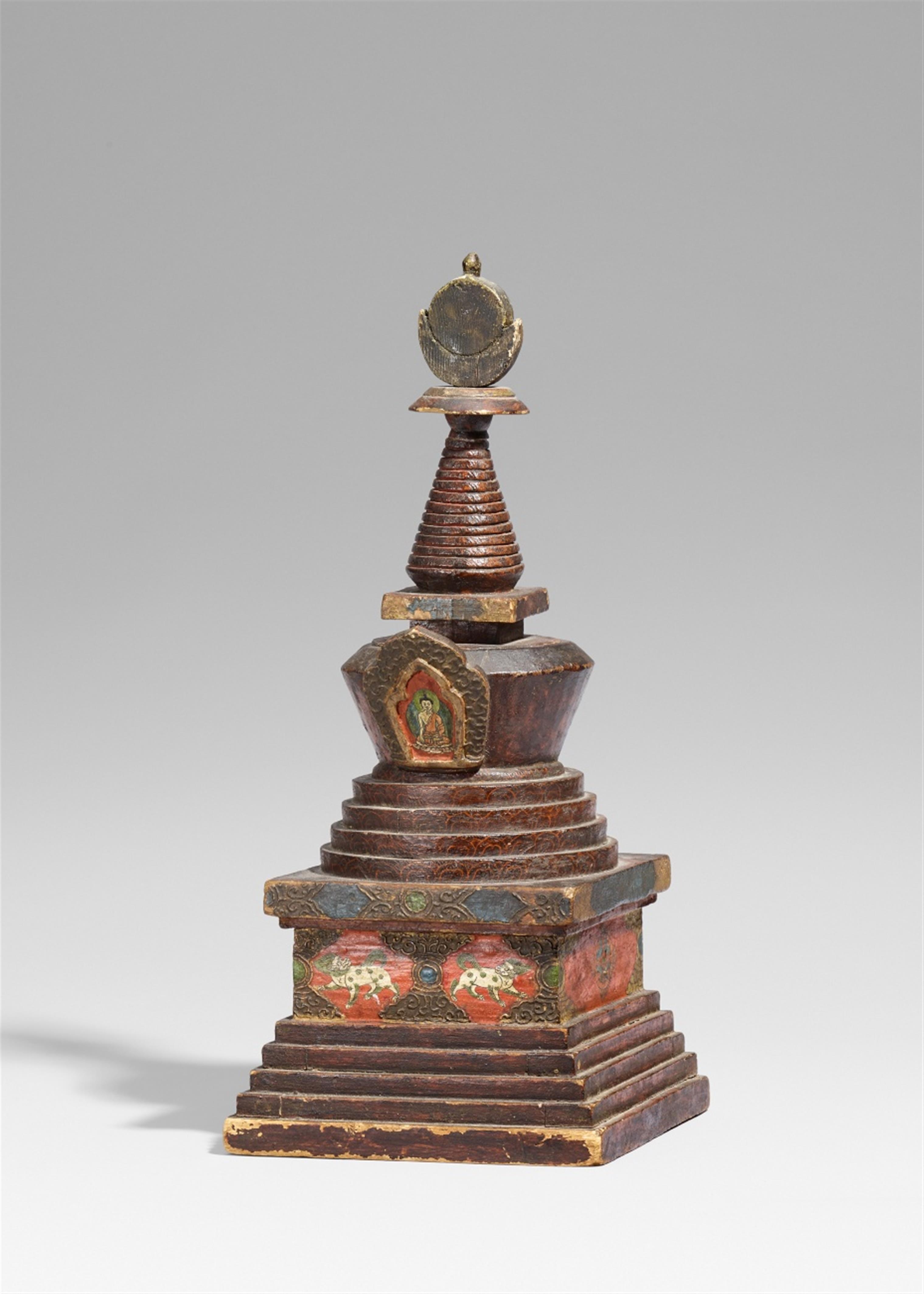 A Tibetan painted wood stupa. 19th century - image-1