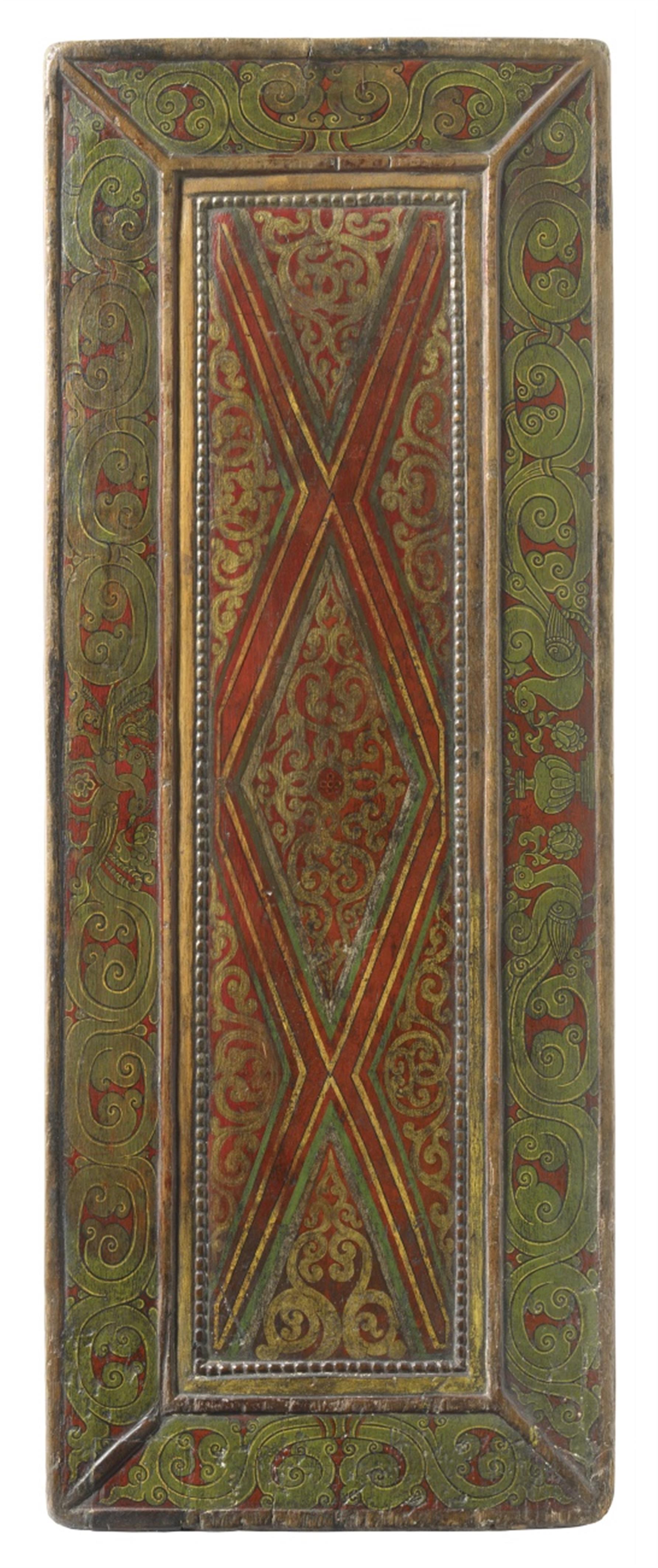 A Tibetan painted and gilt wood manuscript cover. Possibly 13th/14th century - image-1