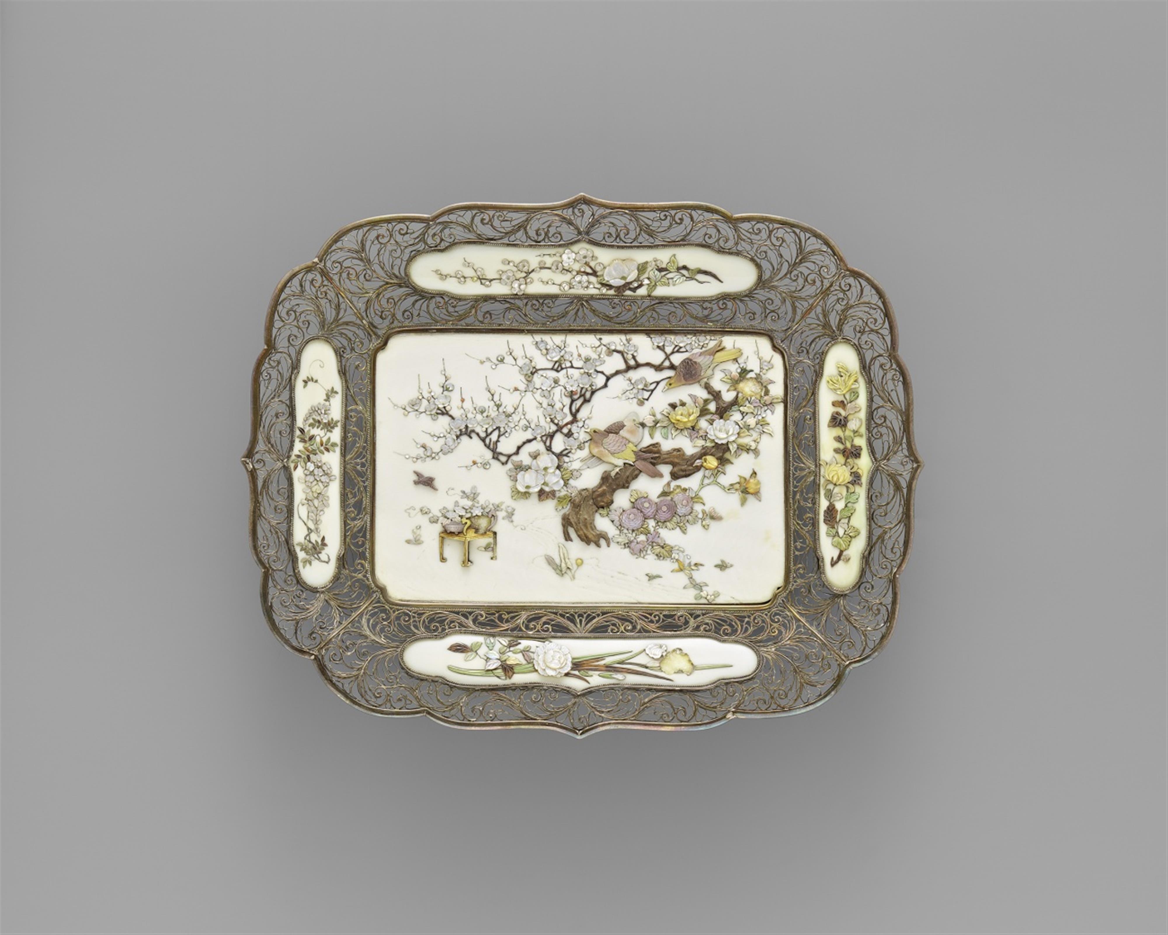 An ivory and silver Shibayama tray. Late 19th century - image-1