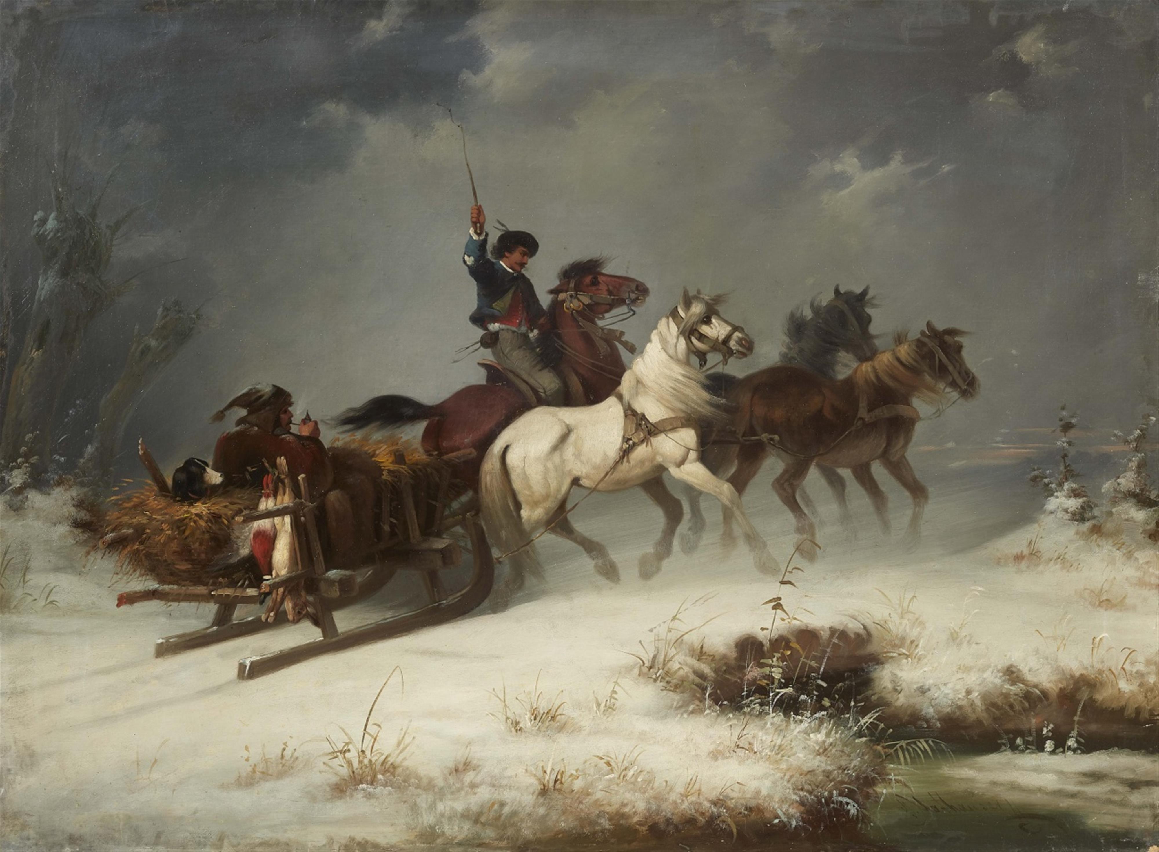 Josef Mathauser - Winter Landscape with a Sled Drawn by Four Horses - image-1