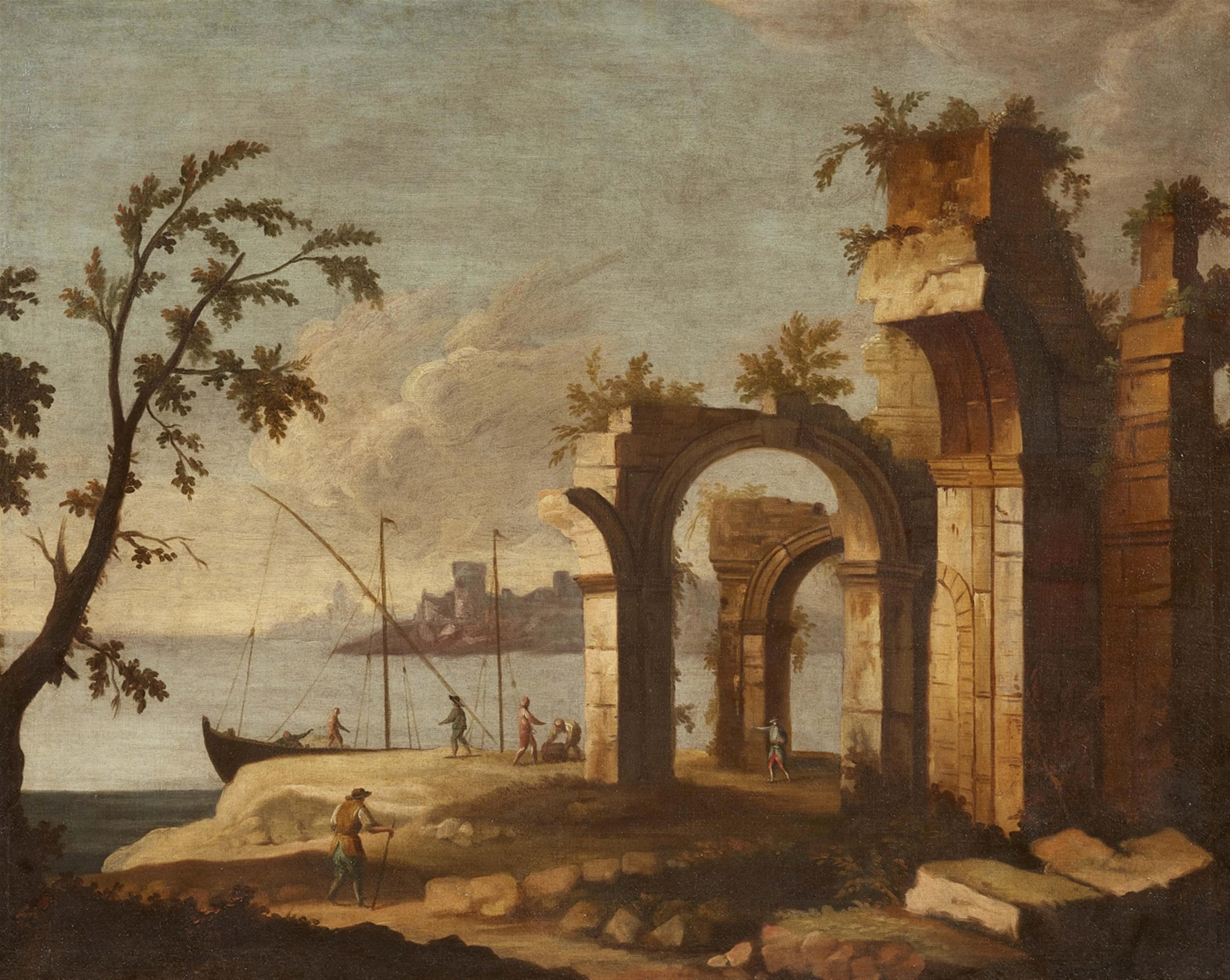 Probably French School 18th century - Southern Coastal Landscape with Ruins and Figures - image-1