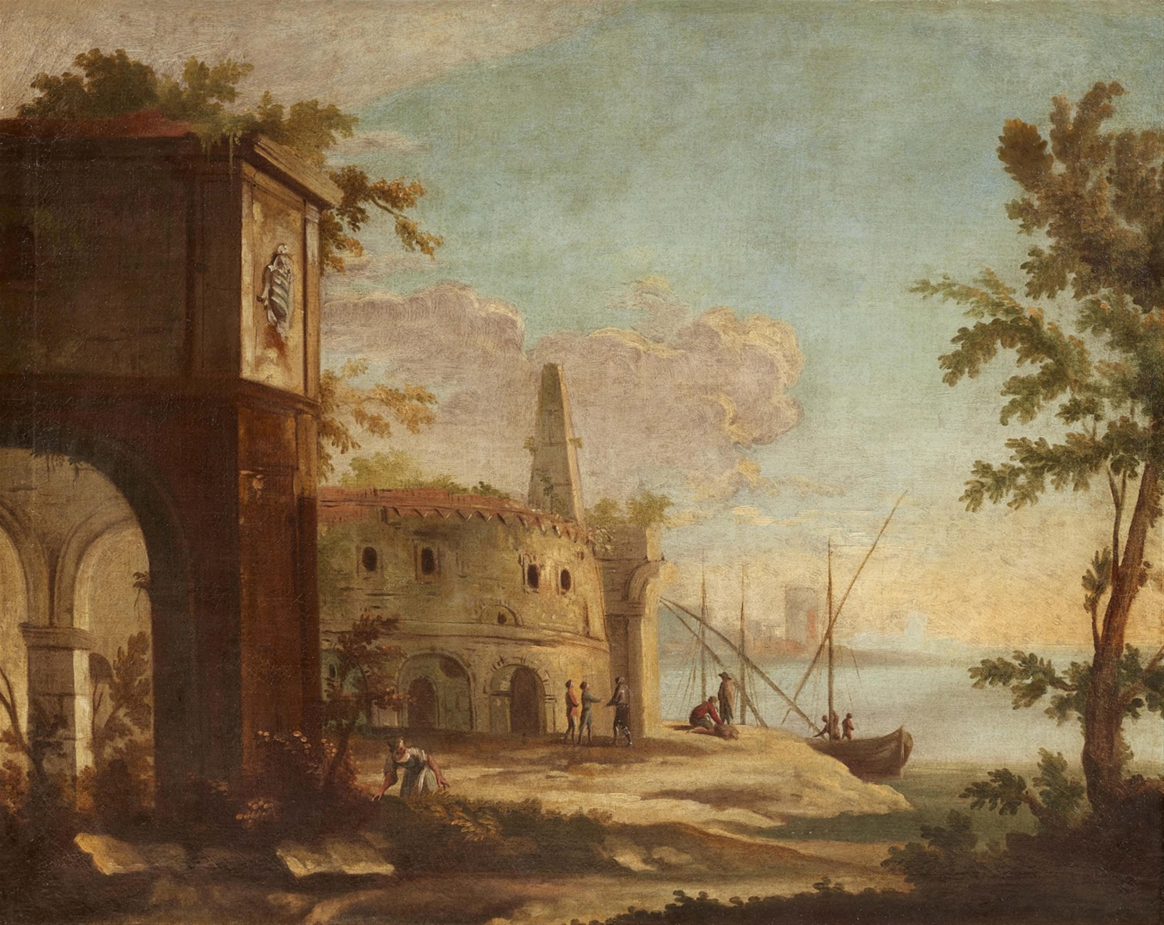 Probably French School 18th century - Southern Landscape with Ancient Roman Buildings and Figures - image-1