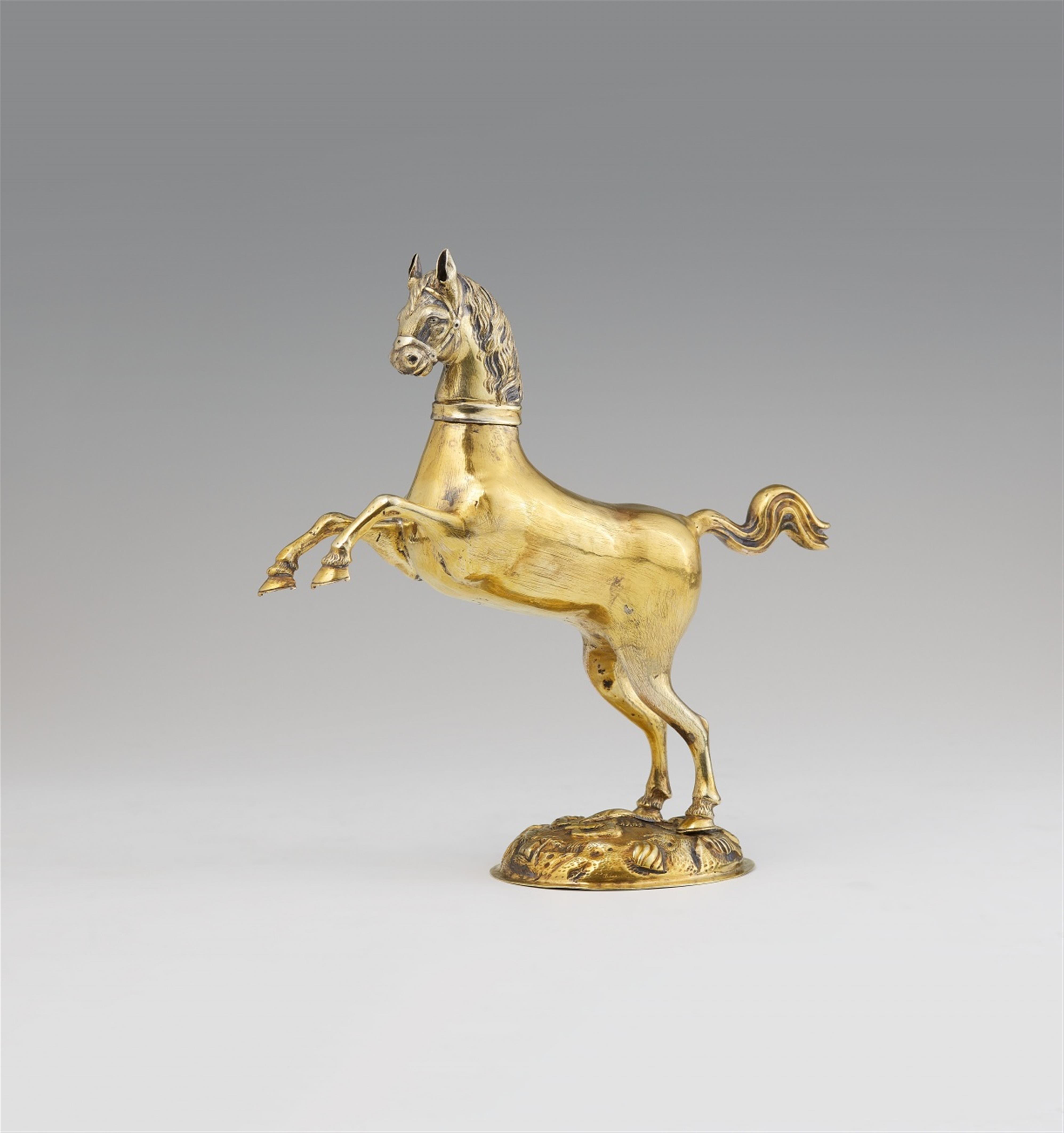 A silver gilt drinking vessel modelled as a rearing horse - image-1