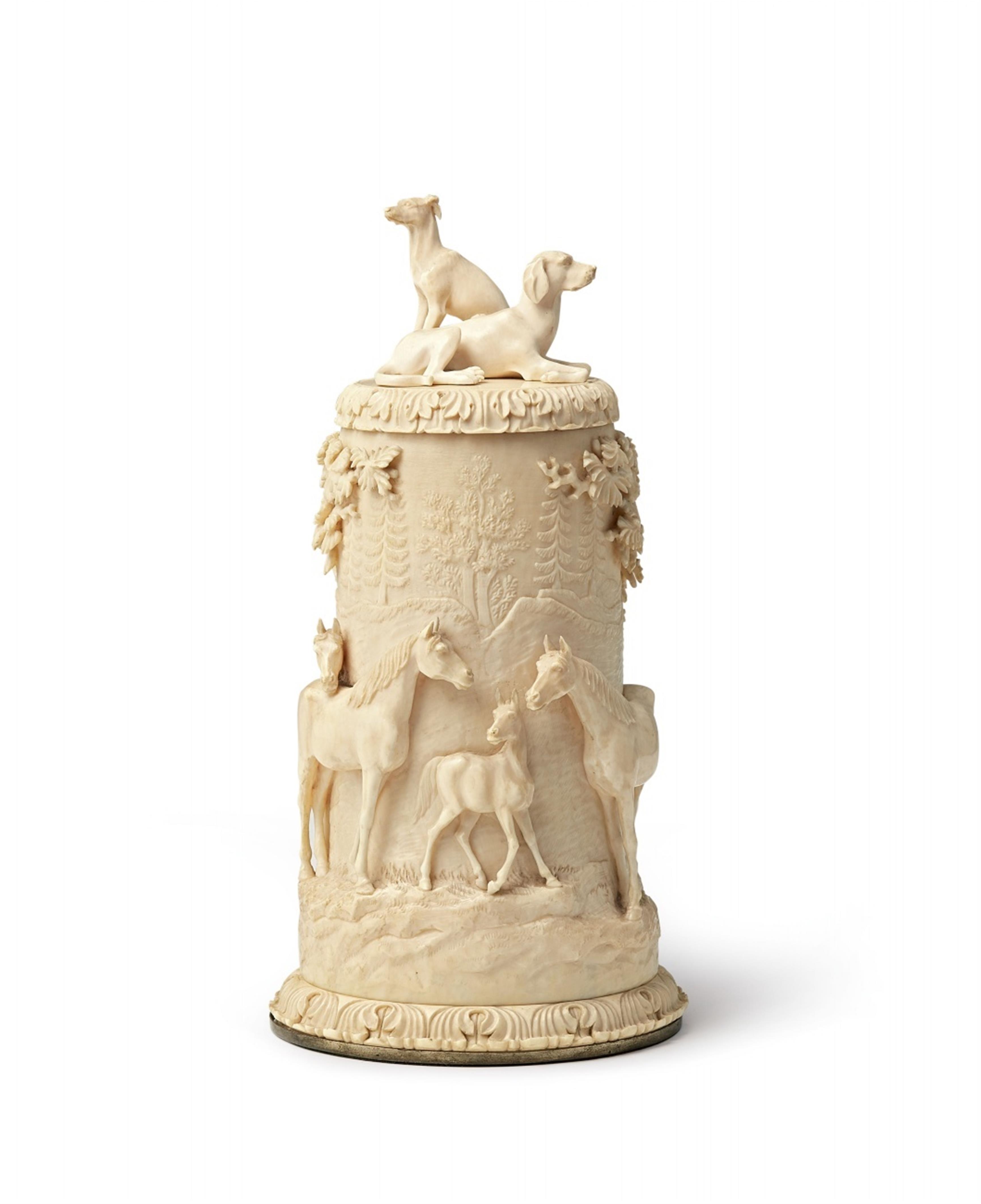 A small ivory tankard with horses and dogs - image-1