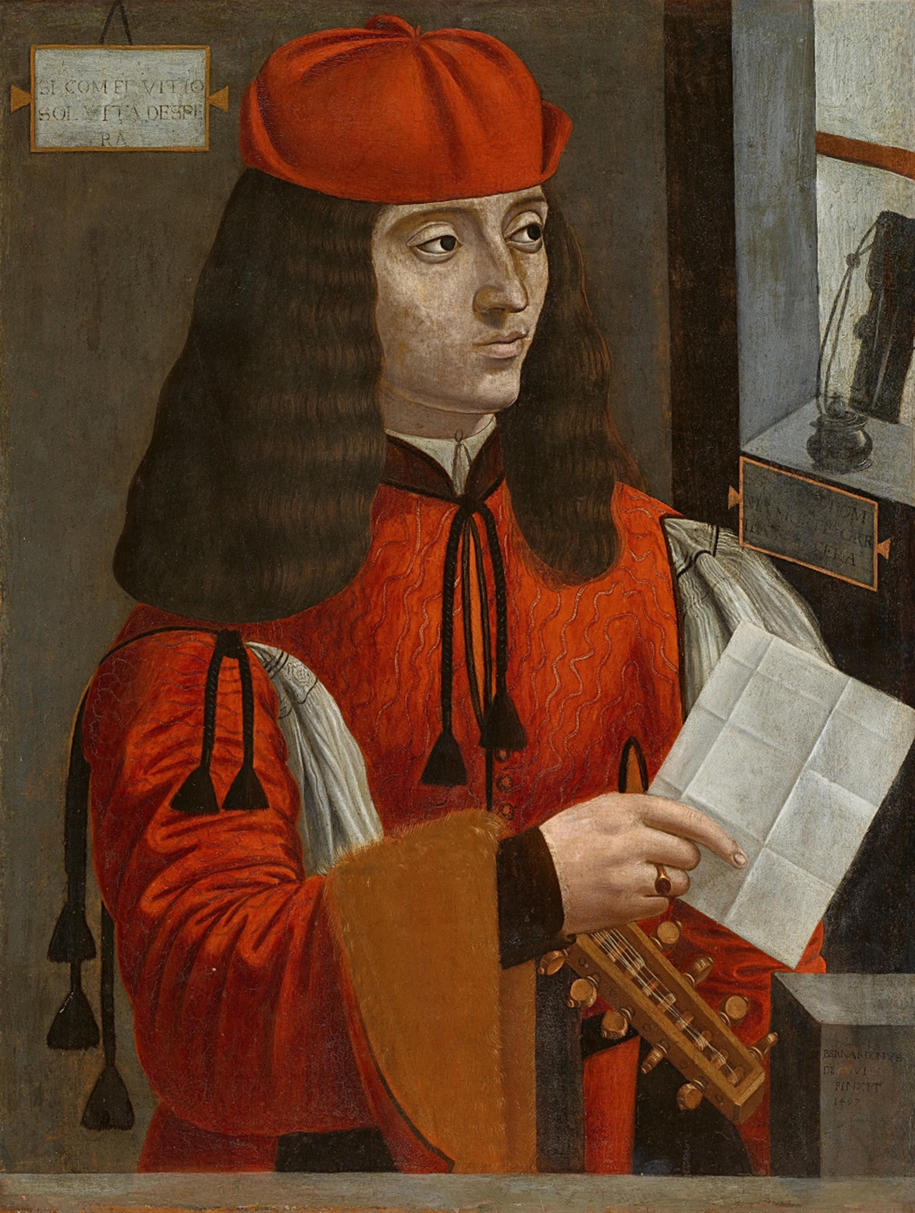 Milanese School, late 15th century - Portrait of a Gentleman in a Red Coat Holding a Lute and a Letter - image-1