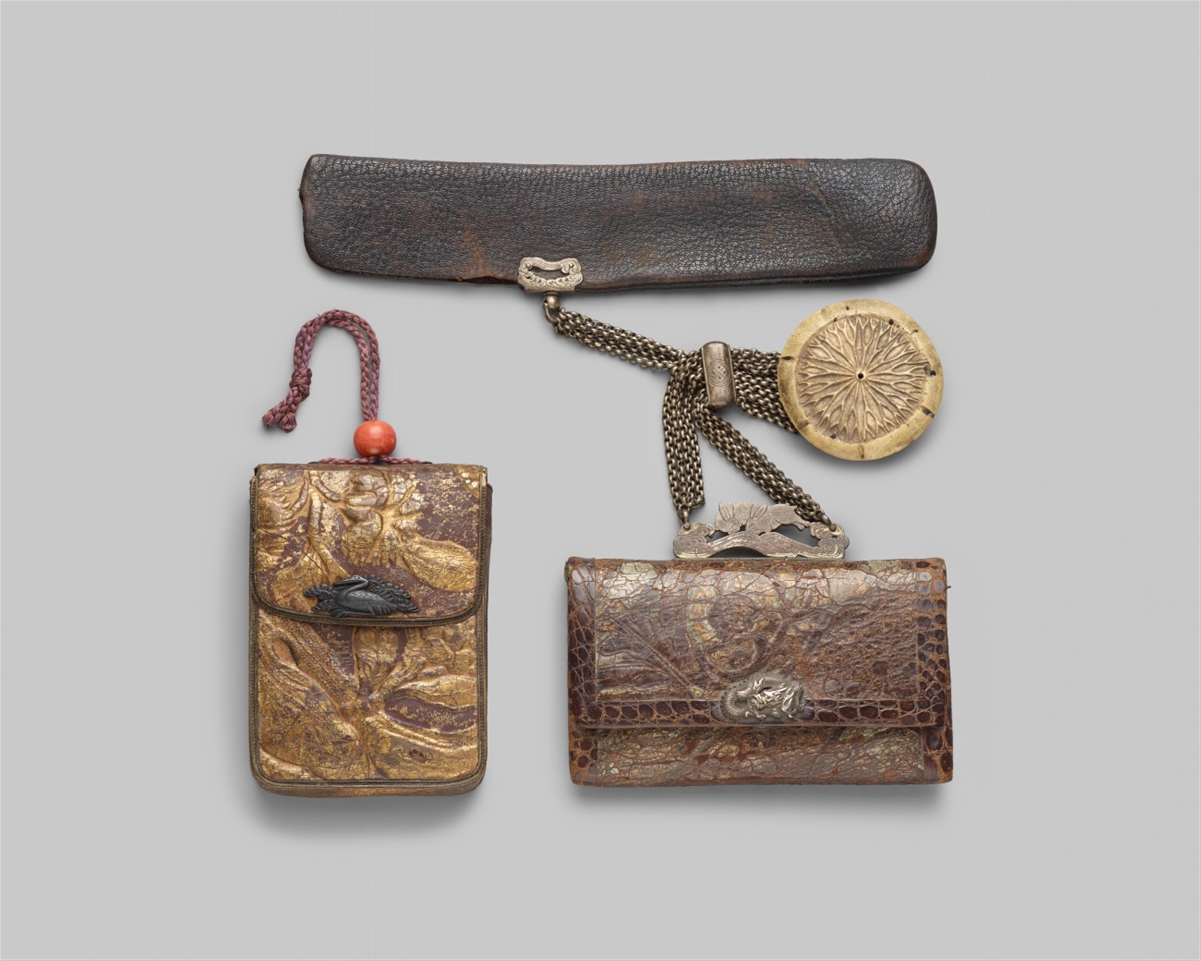 Two embossed leather tabako-ire. 19th century - image-1