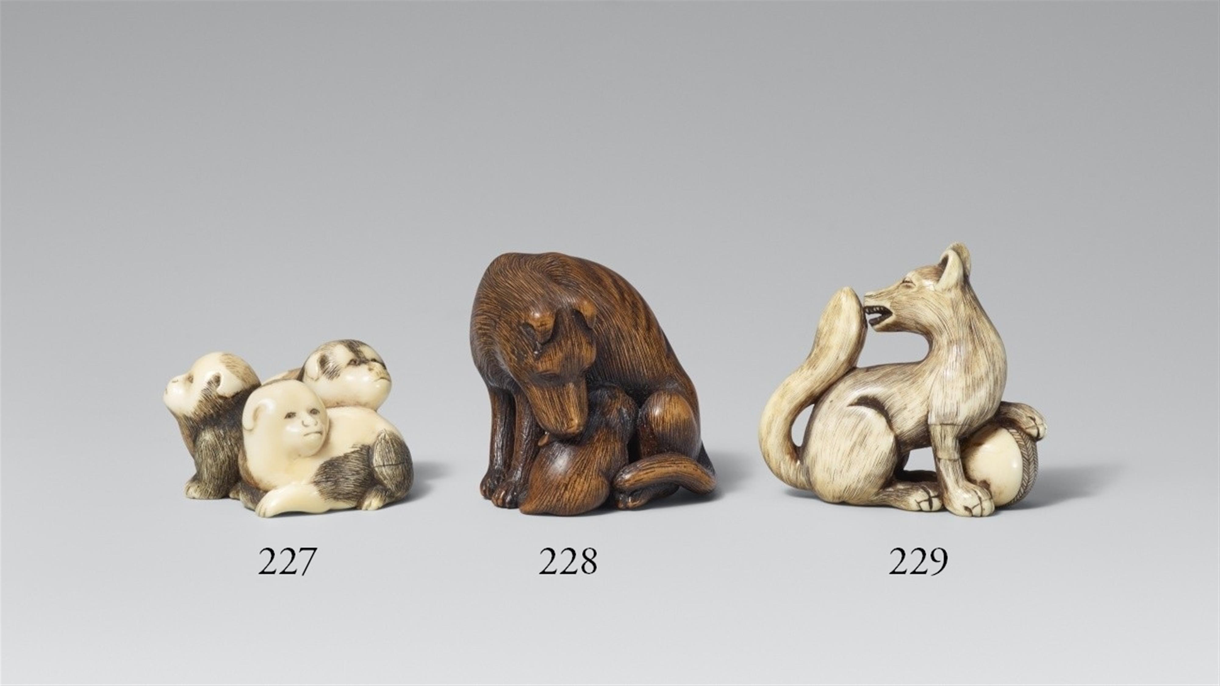 A boxwood netsuke of a dog feeding a puppy. Mid-19th century - image-1