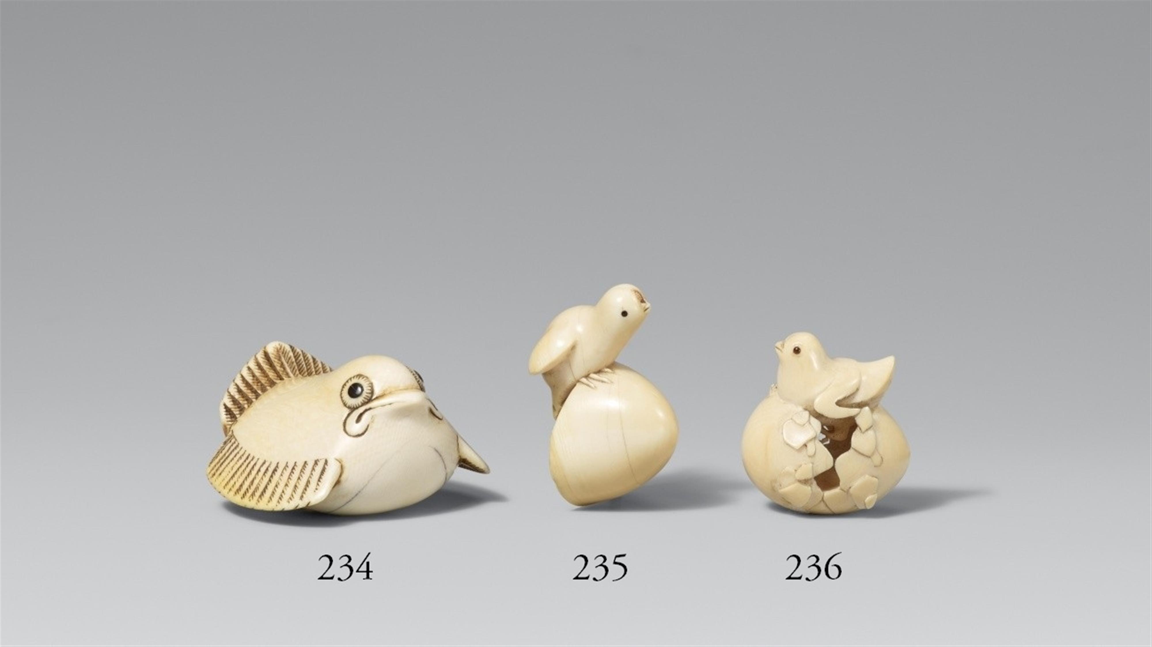 An Osaka school ivory netsuke of a hatching chick. Around 1860 - image-1