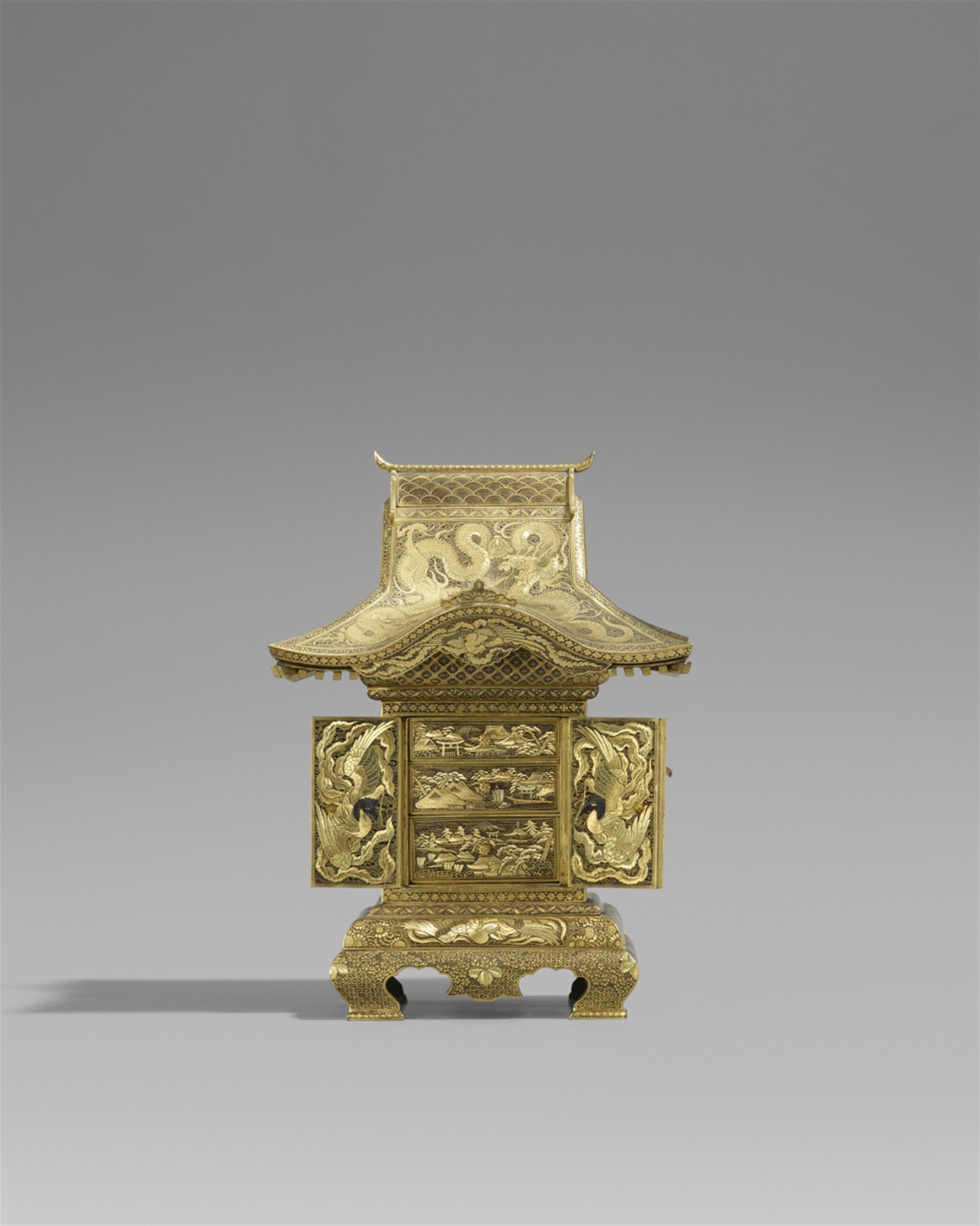 A Komai-style gold-inlaid iron cabinet modelled as a shrine. Around 1900 - image-1