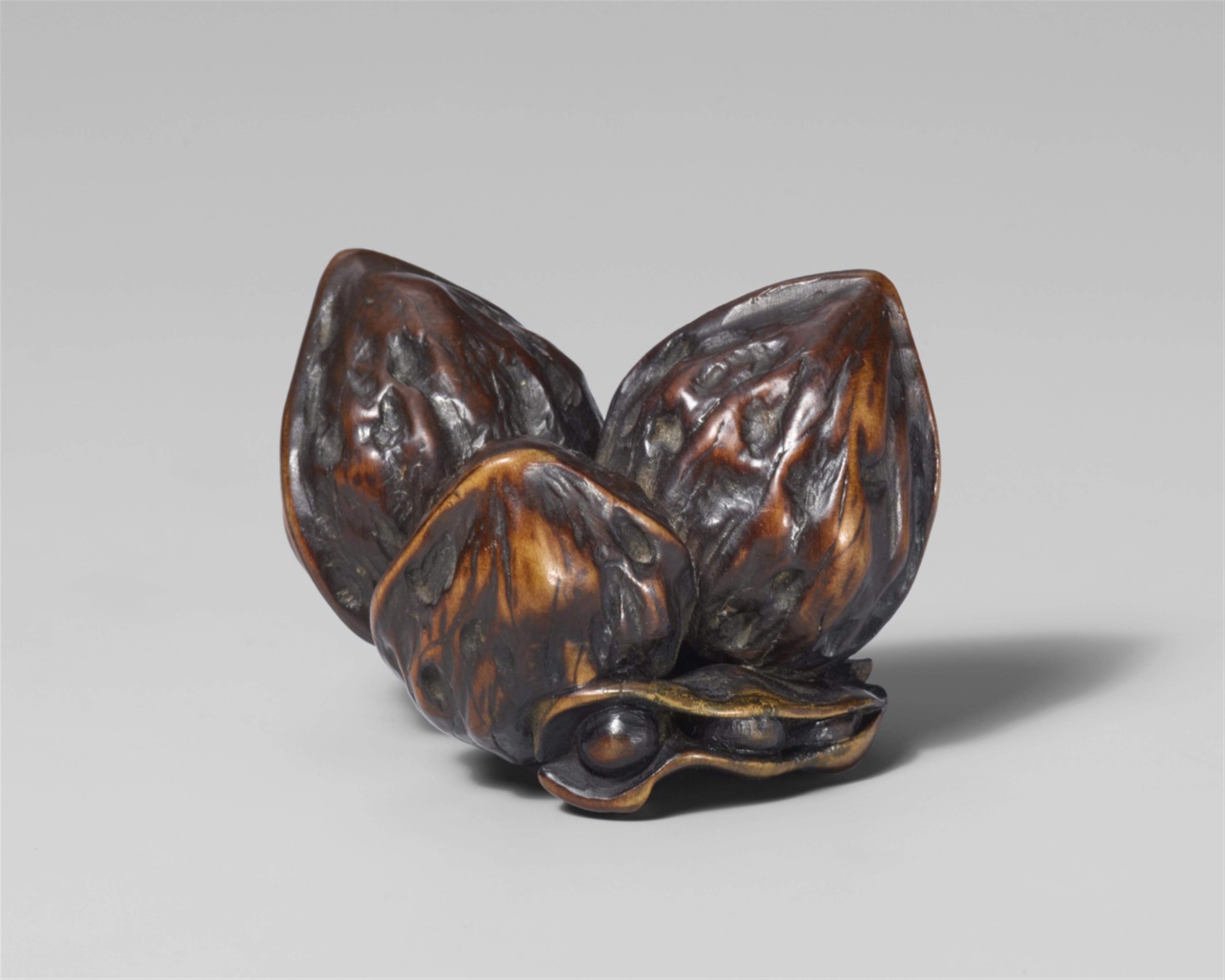 A large stained wood netsuke of three walnuts and two soy beans, by Unkoku. Late 19th century - image-1