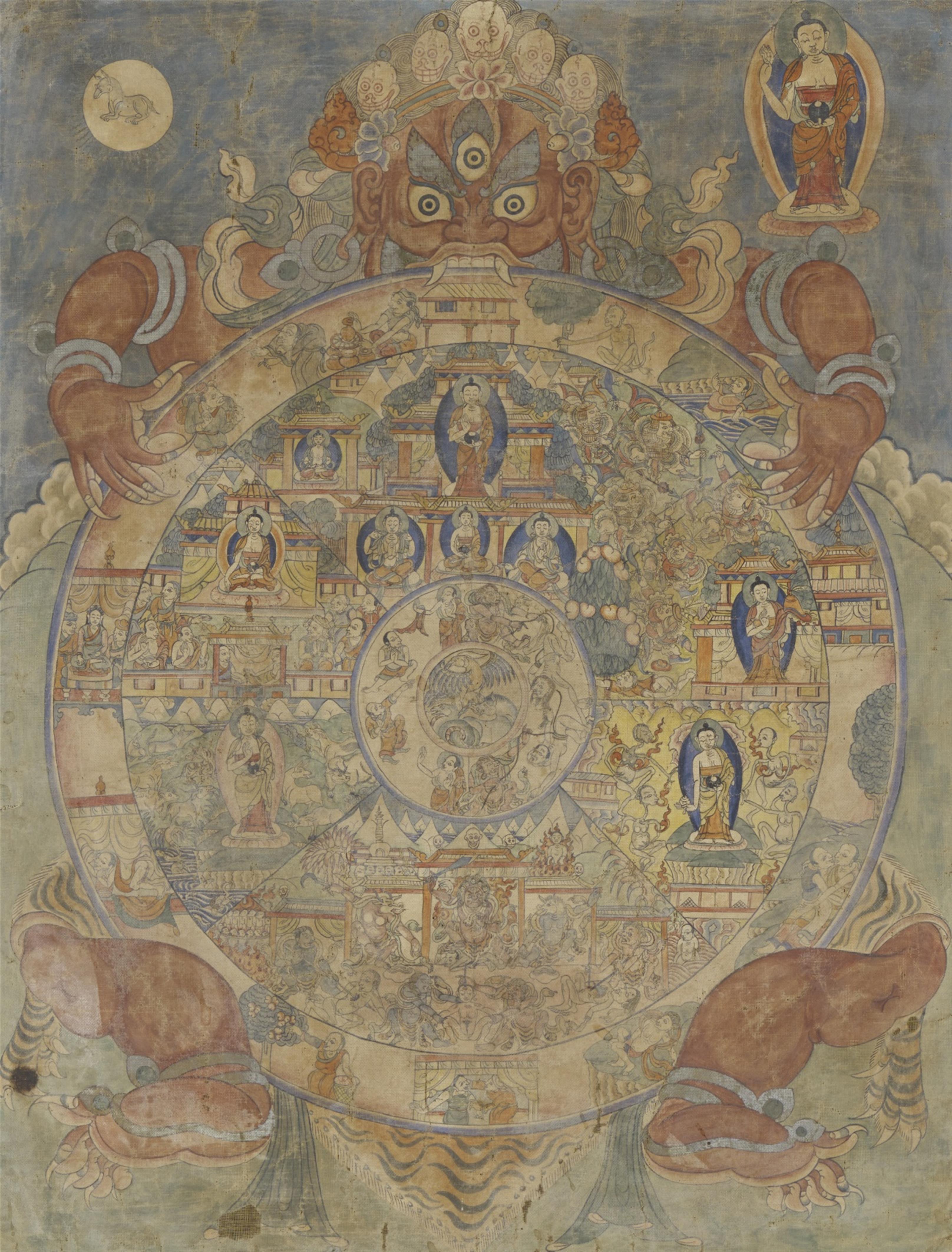 Thangka mit der Darstellung des Lebensrades (bhavacakra). Tibet. 19./20. Jh. - image-1