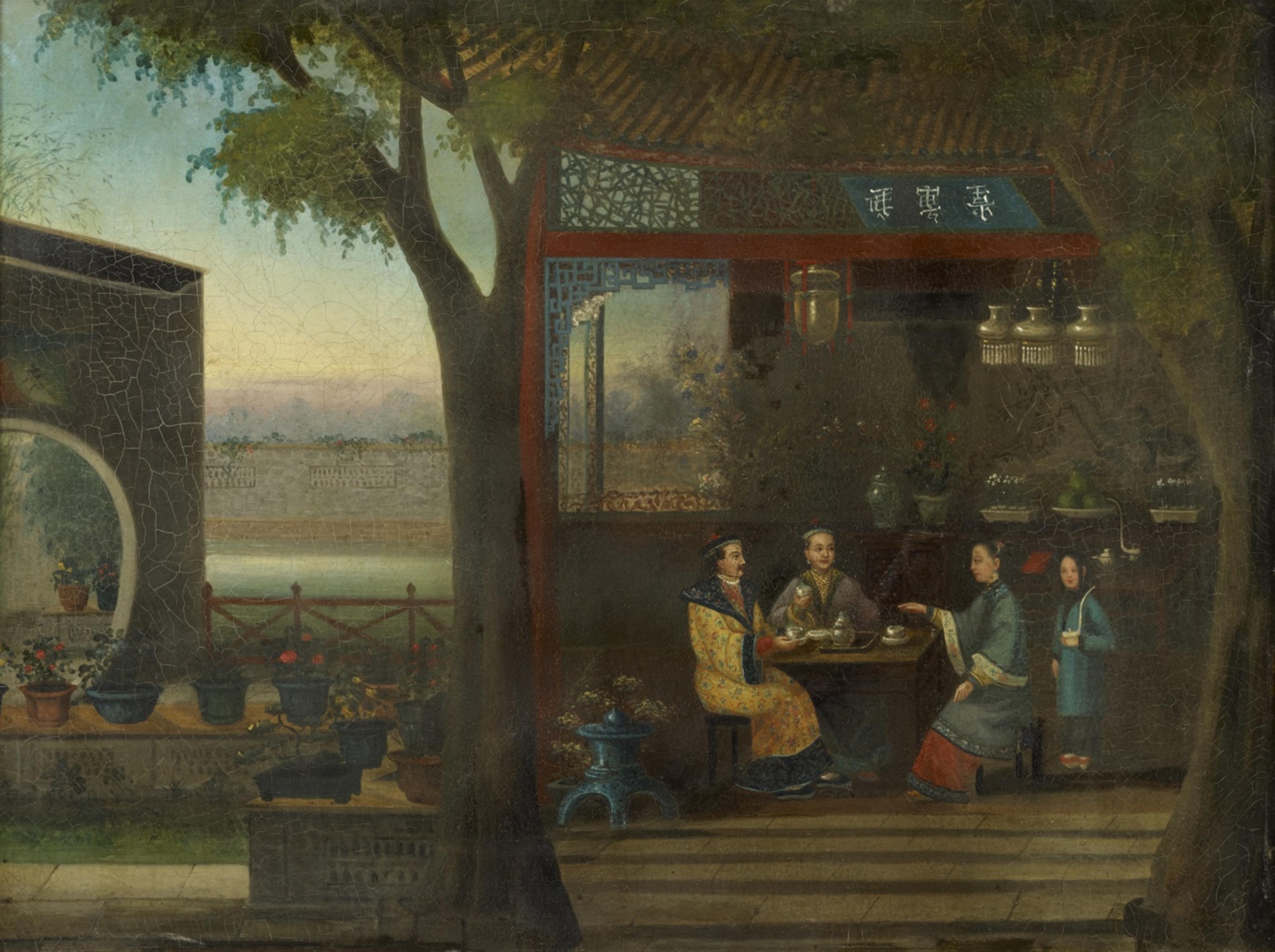 Anonymous painter . 19th century - An interieur with two Chinese ladies and a gentleman eating at a table and a female servant standing next them. Oil on canvas. Framed. - image-1