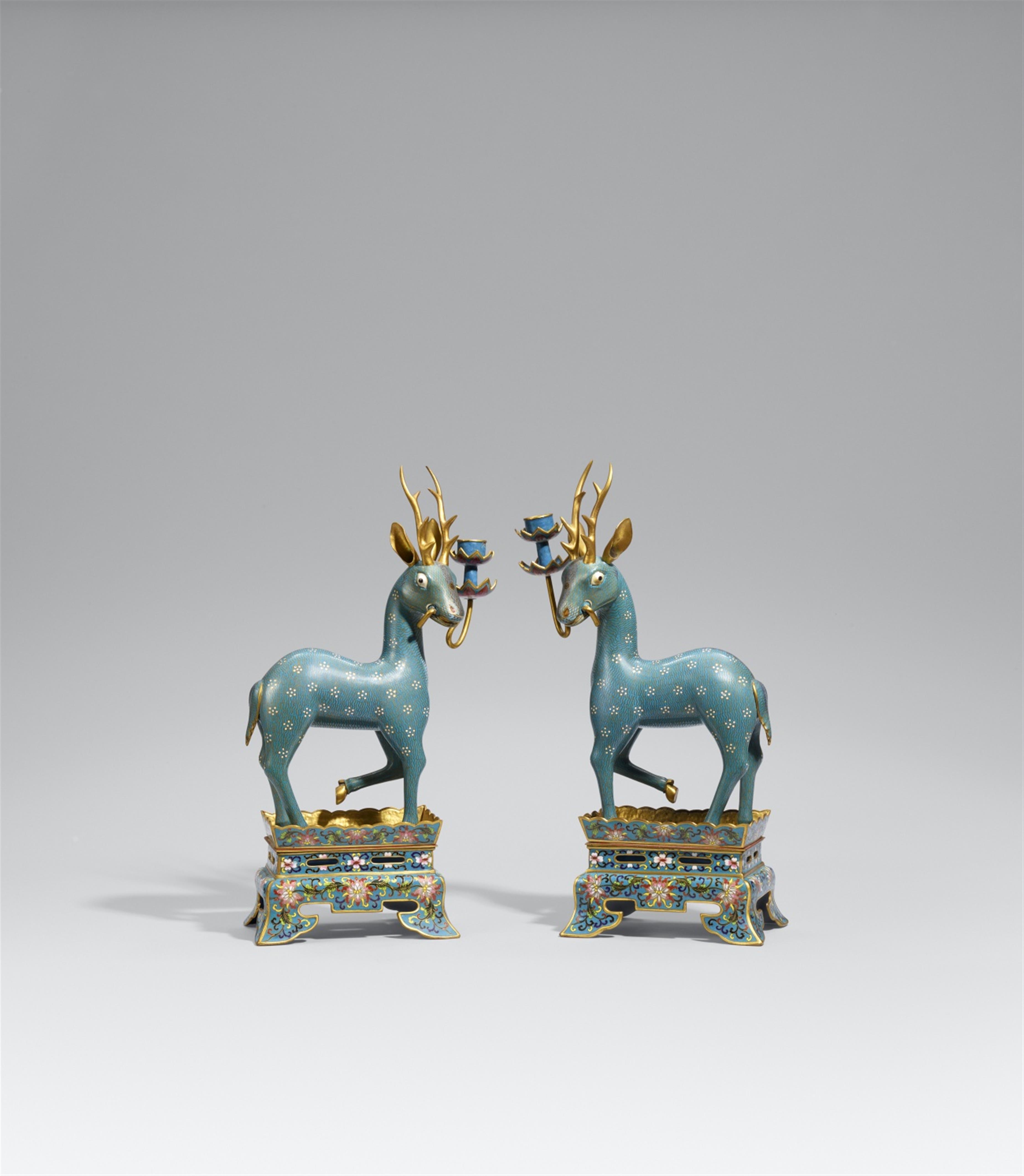 A pair of cloisonné enamel candle holders in shape of stags. 20th century - image-1