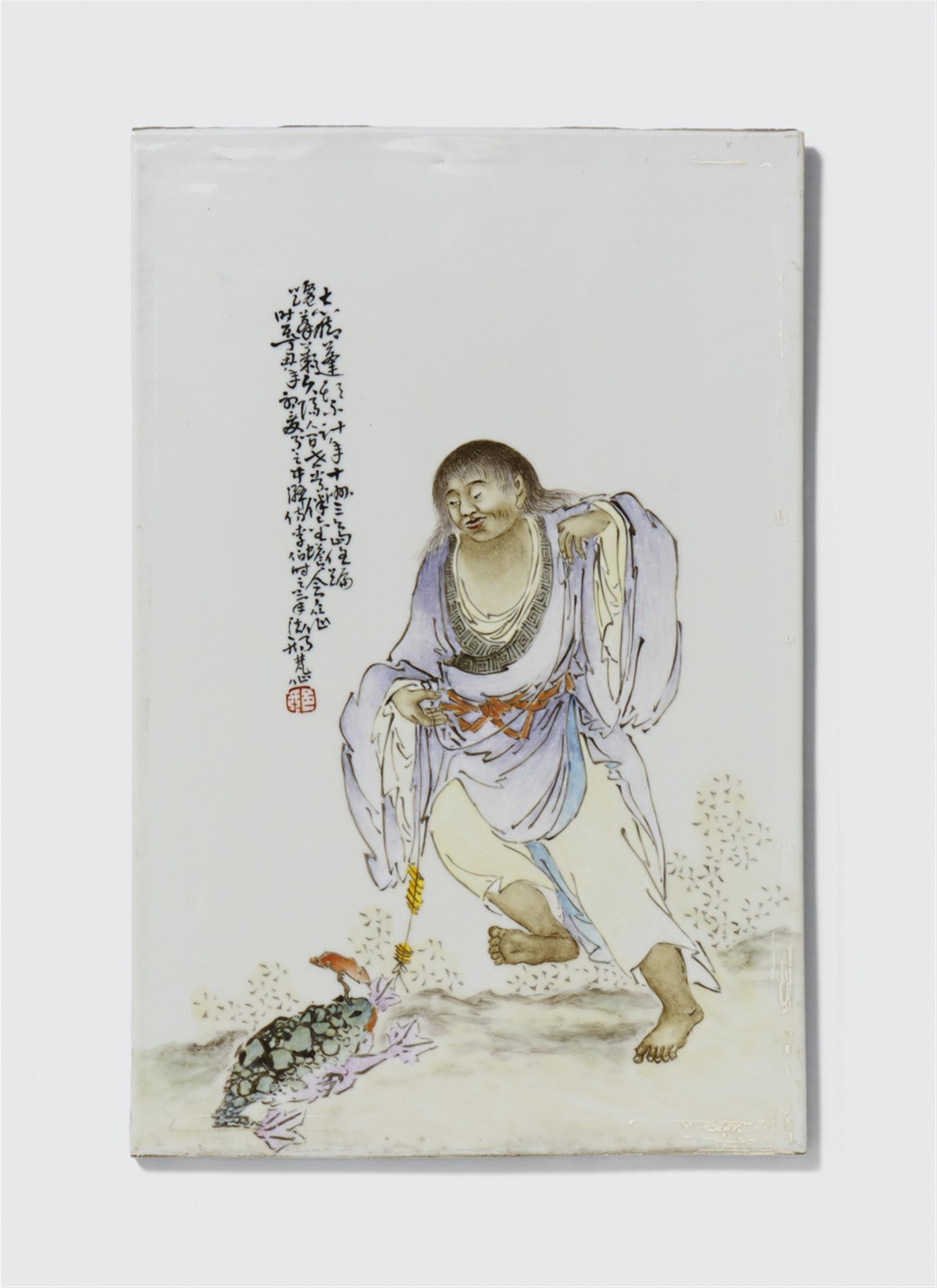 A fencai rectangular plaque depicting Liu Hai. Dated 1937 - image-1