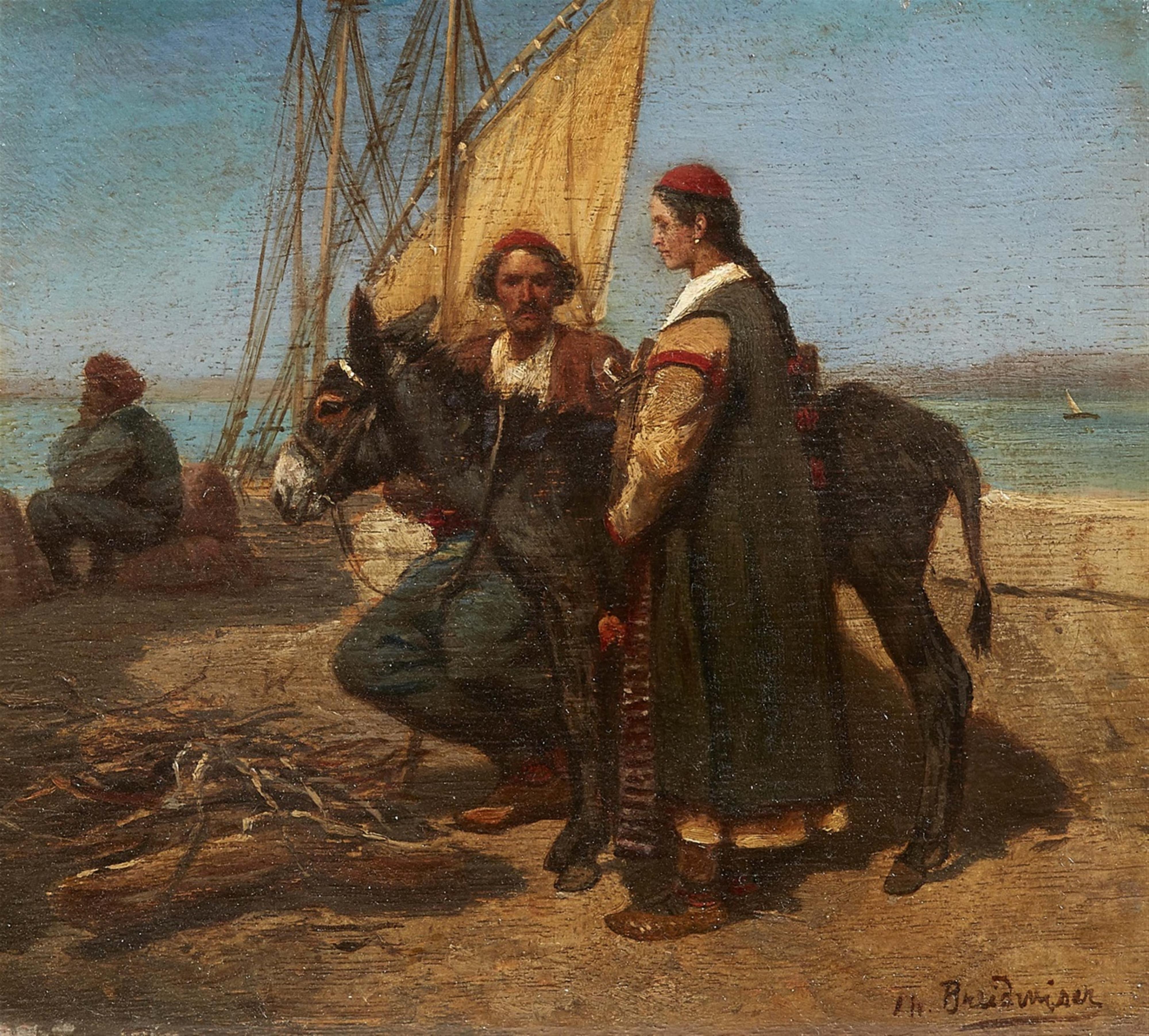 Breitwieser - Peasant Couple with a Donkey by a Harbour - image-1