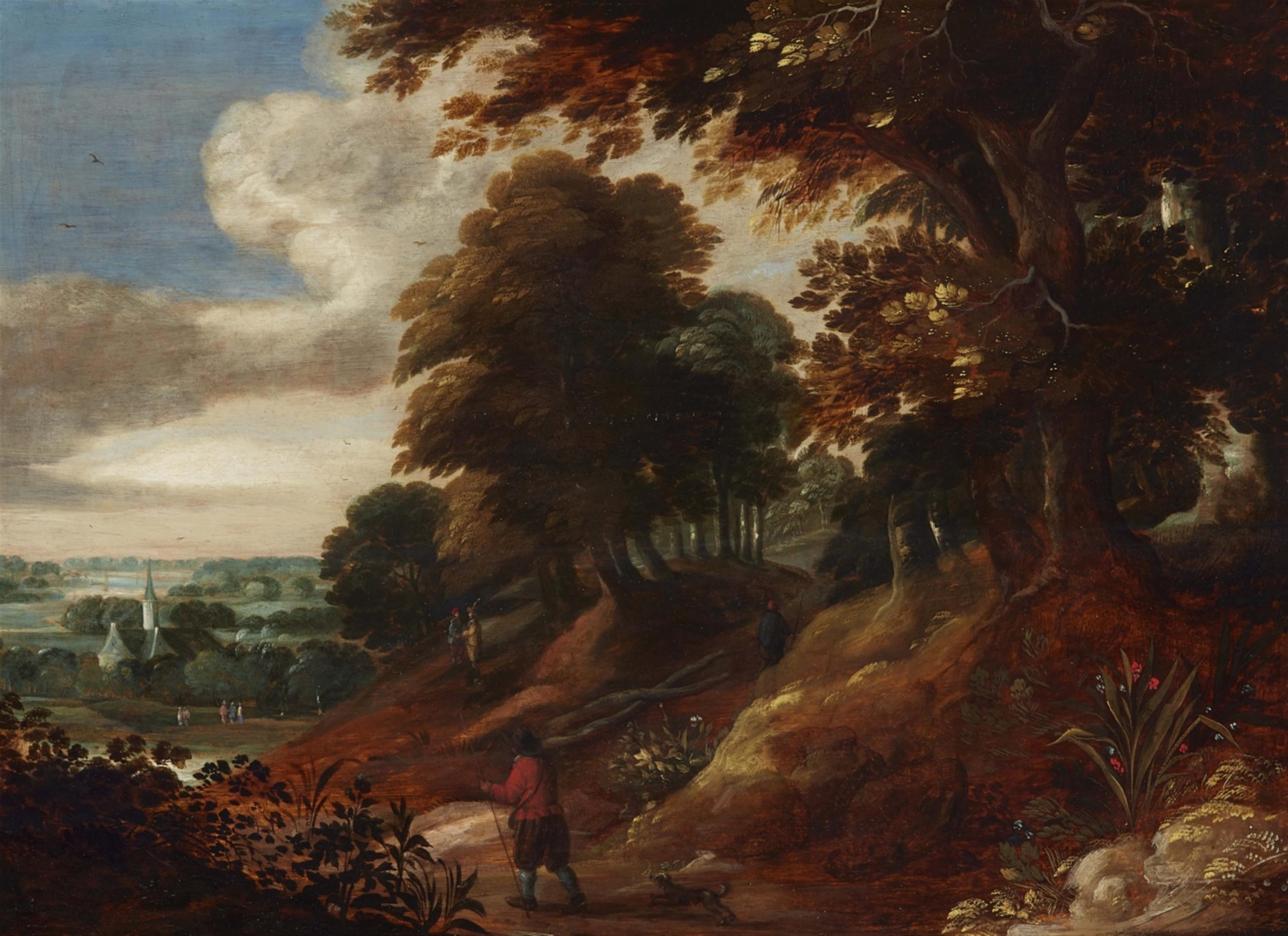 Flemish School 17th century - Wooded Landscape with Travellers and a Church - image-1