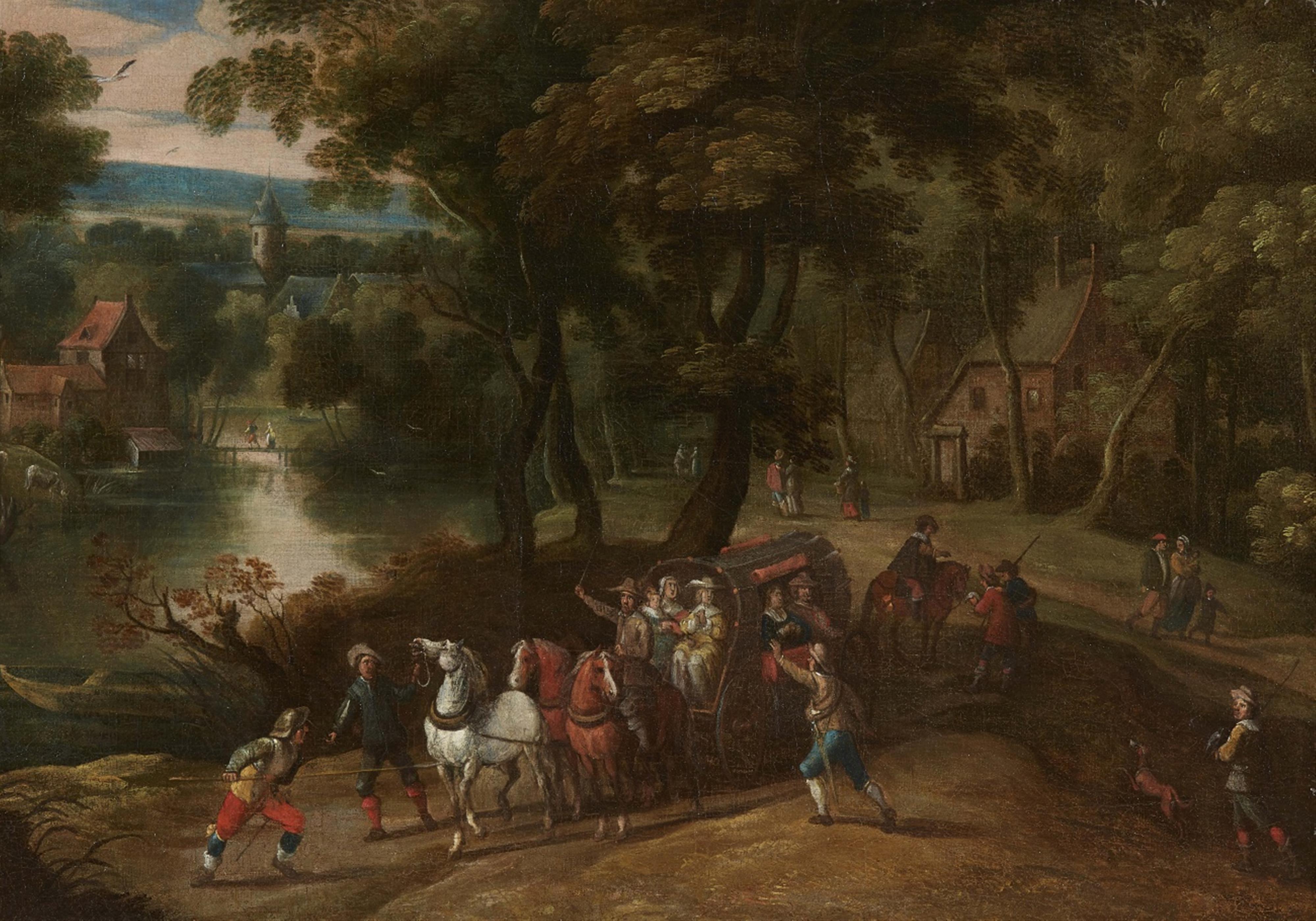 Flemish School 17th century - Carriage in a Village Landscape - image-1