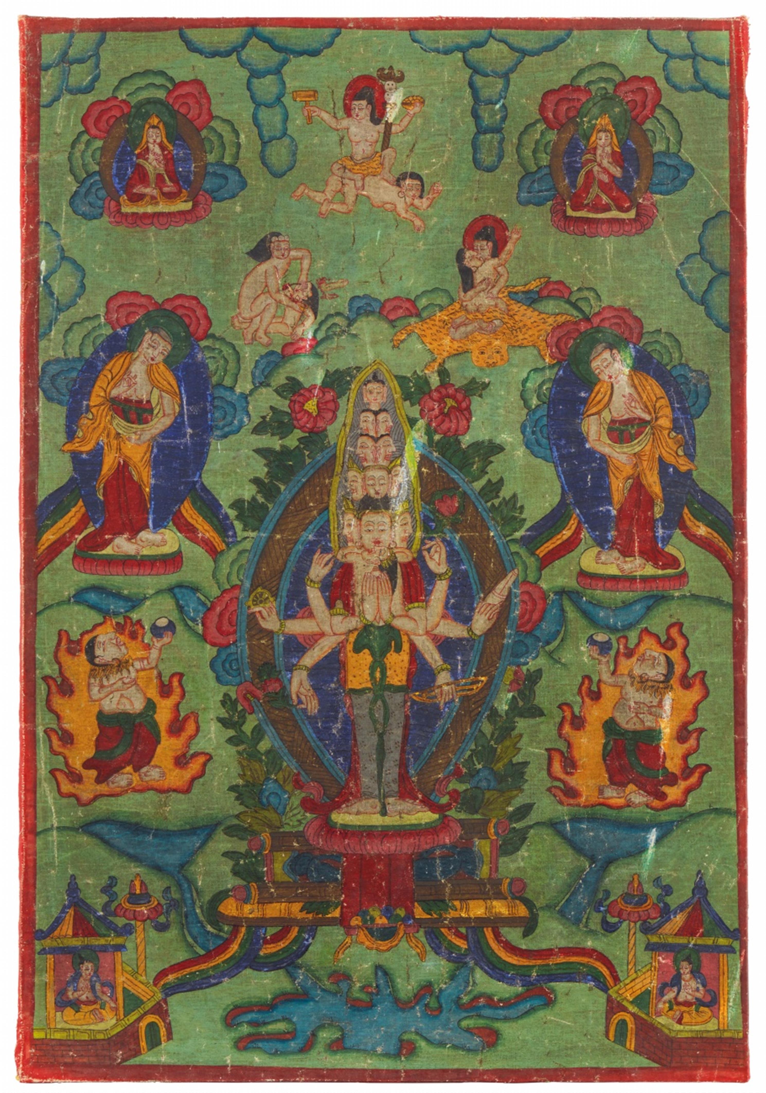 A Tibetan thangka of the eleven-headed Avalokiteshvara. 19th/early 20th century - image-1