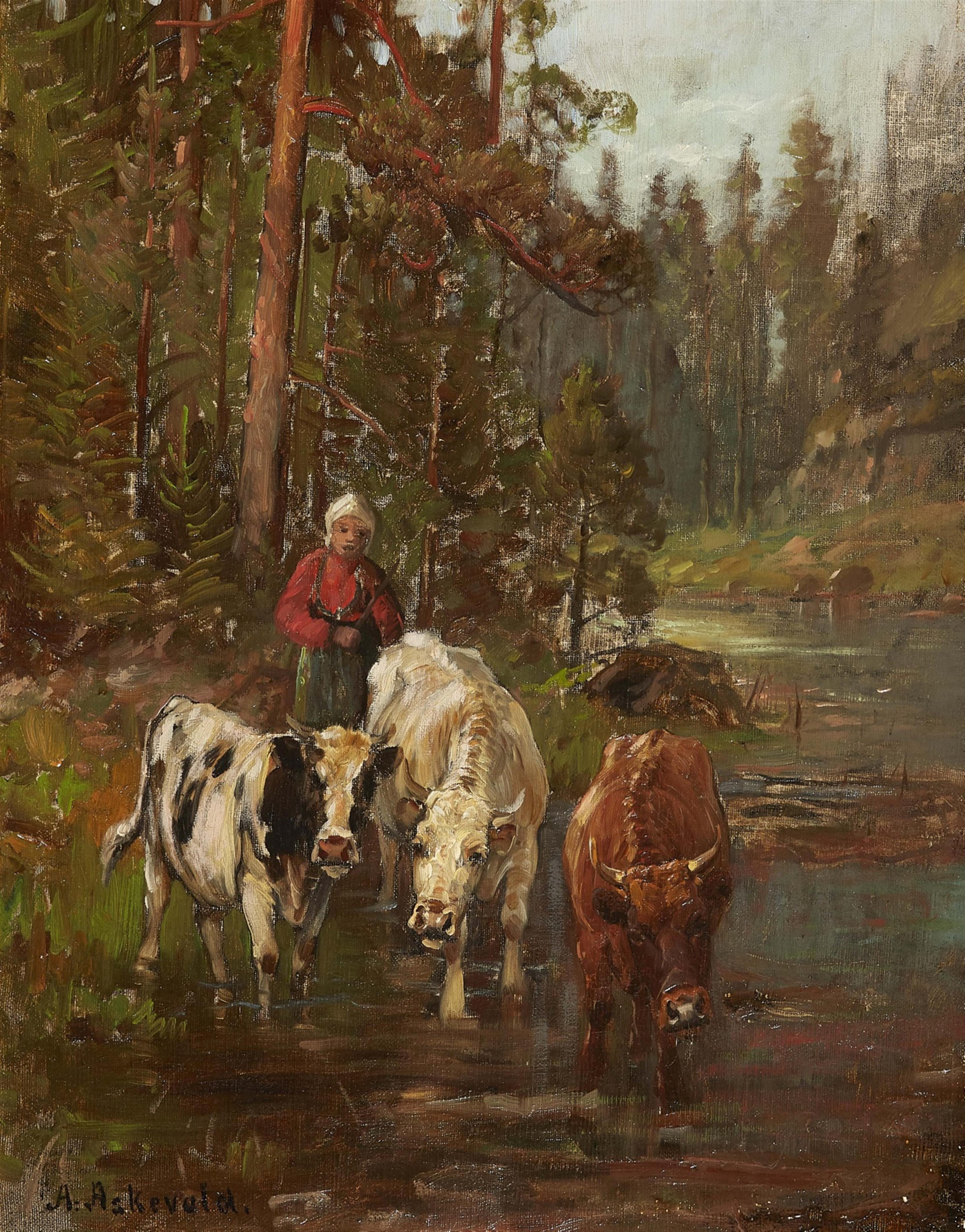 Anders Monsen Askevold - Shepherdess and Cattle by a Woodland Stream - image-1