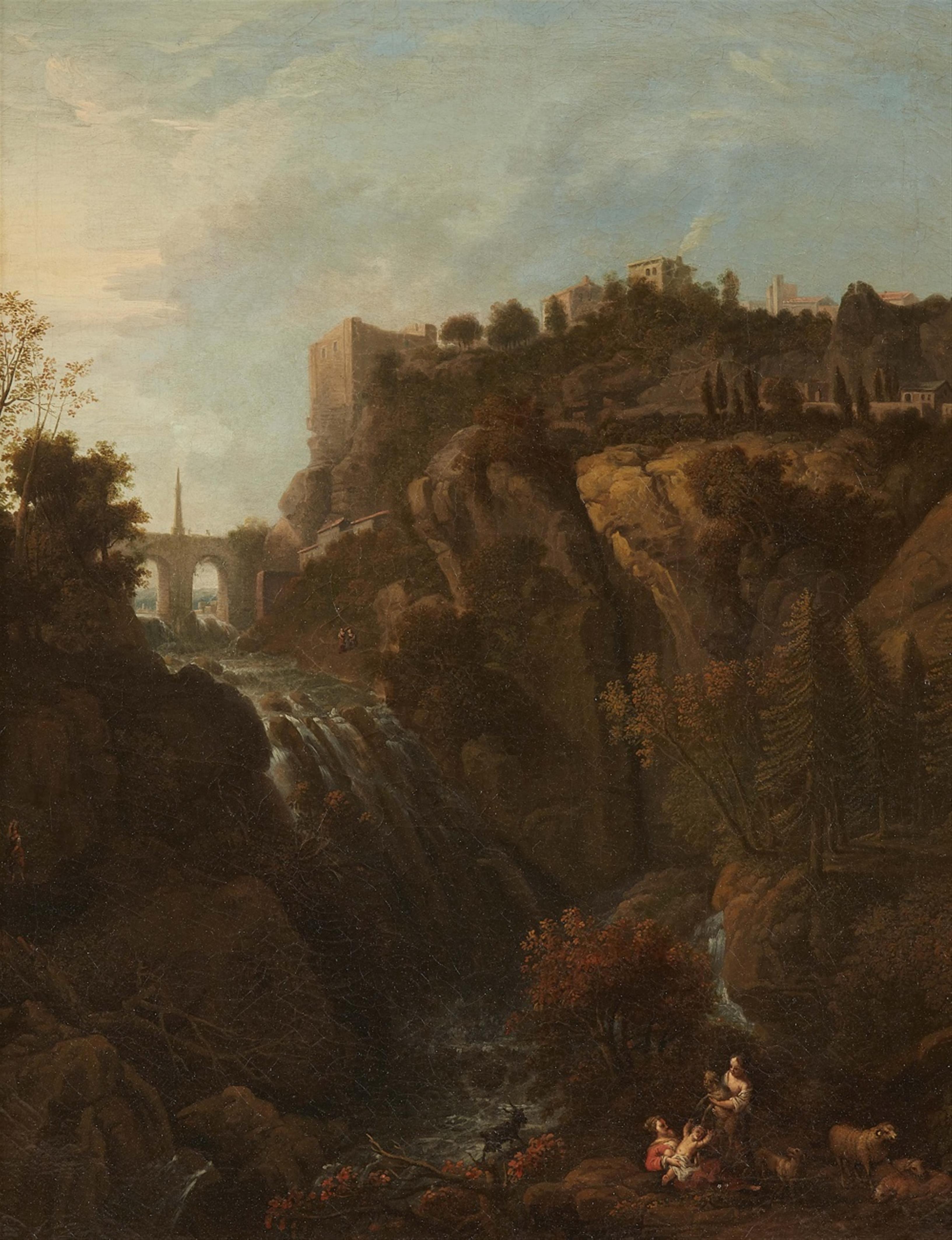 Probably German School 18th century - Southern Landscape with a Waterfall and Shepherds - image-1