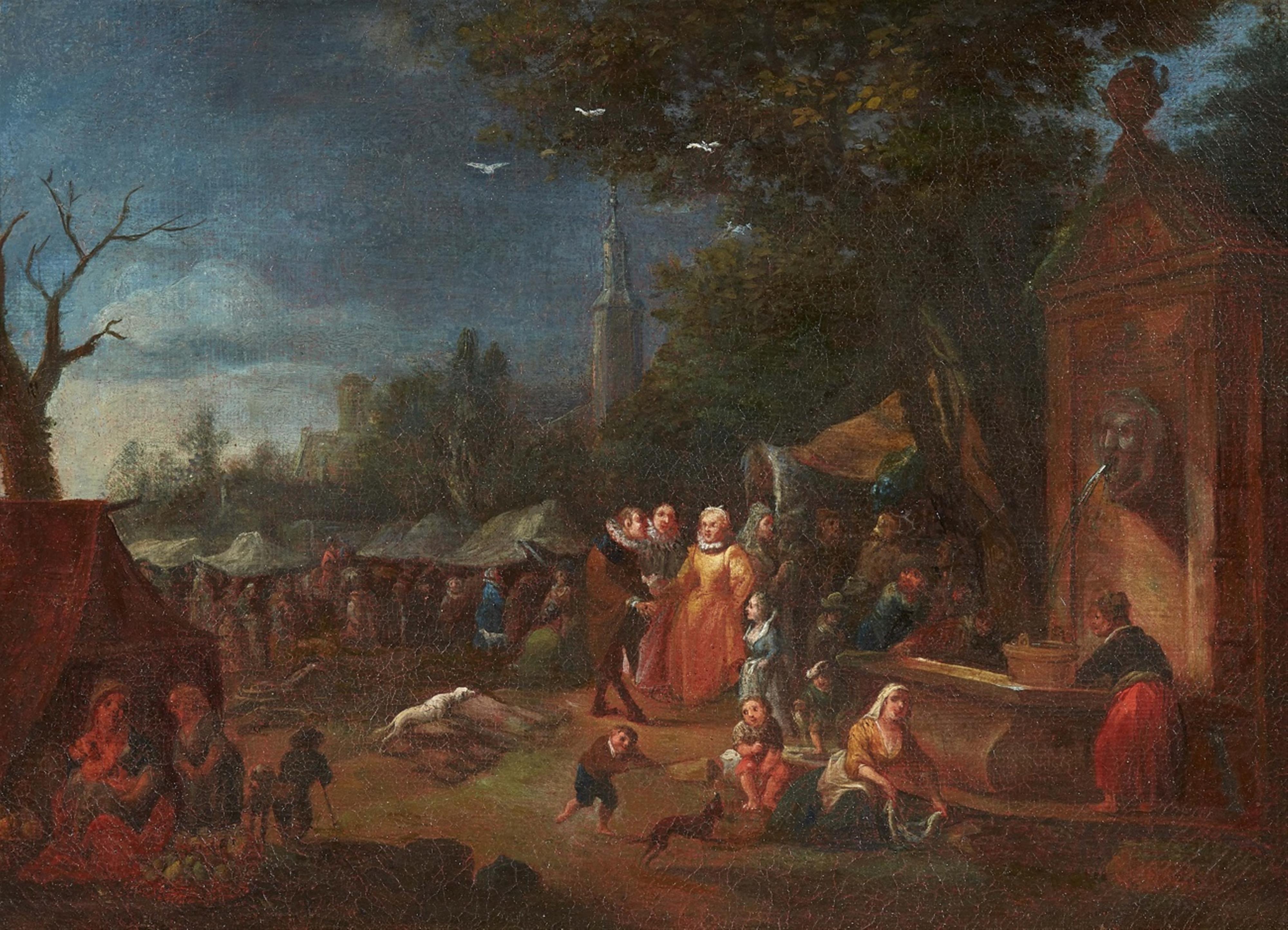 Flemish School circa 1700 - Two Fairground Paintings: Elegant Company at a Fair Cavalier on Horseback at a Fair - image-1