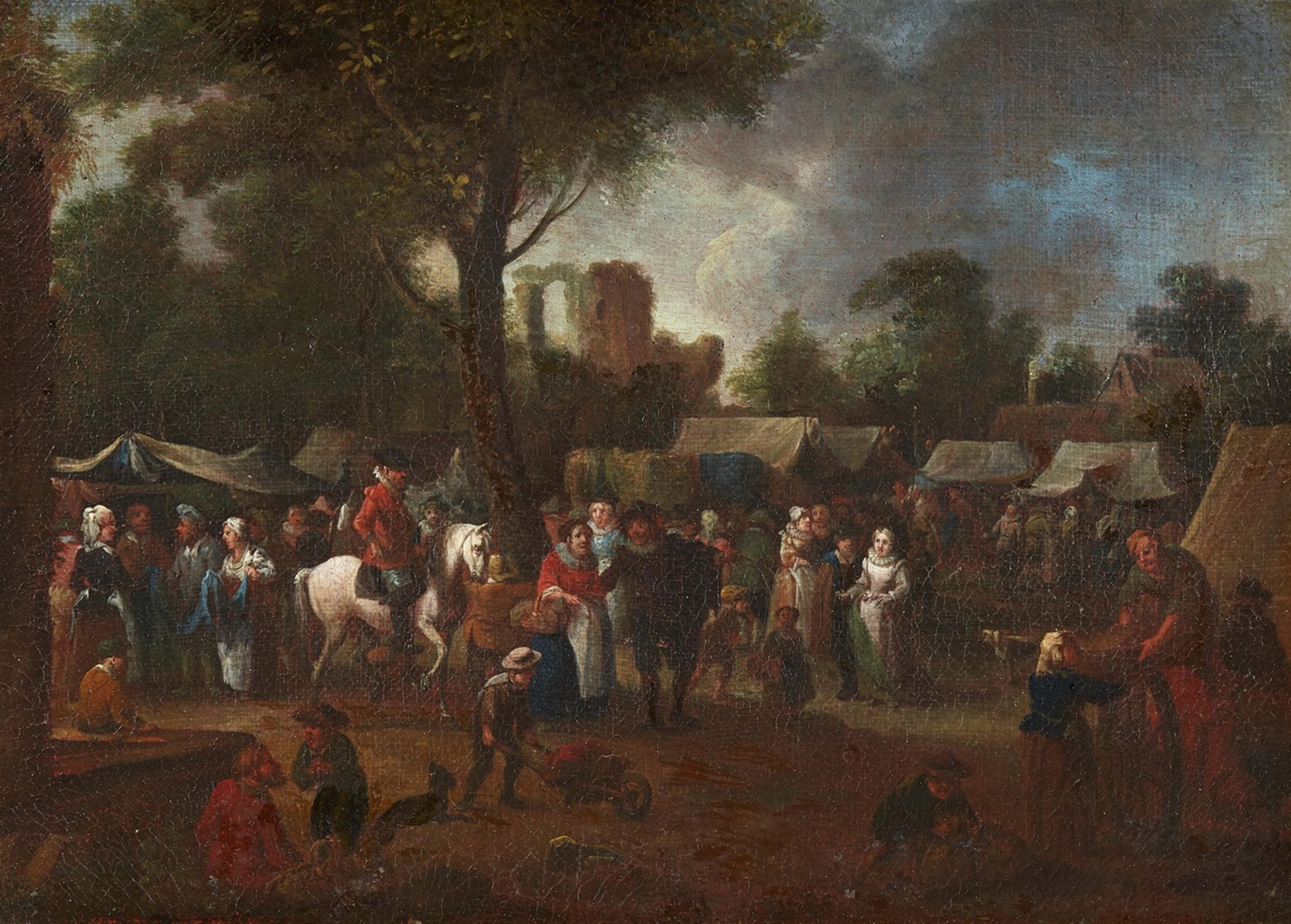 Flemish School circa 1700 - Two Fairground Paintings: Elegant Company at a Fair Cavalier on Horseback at a Fair - image-2