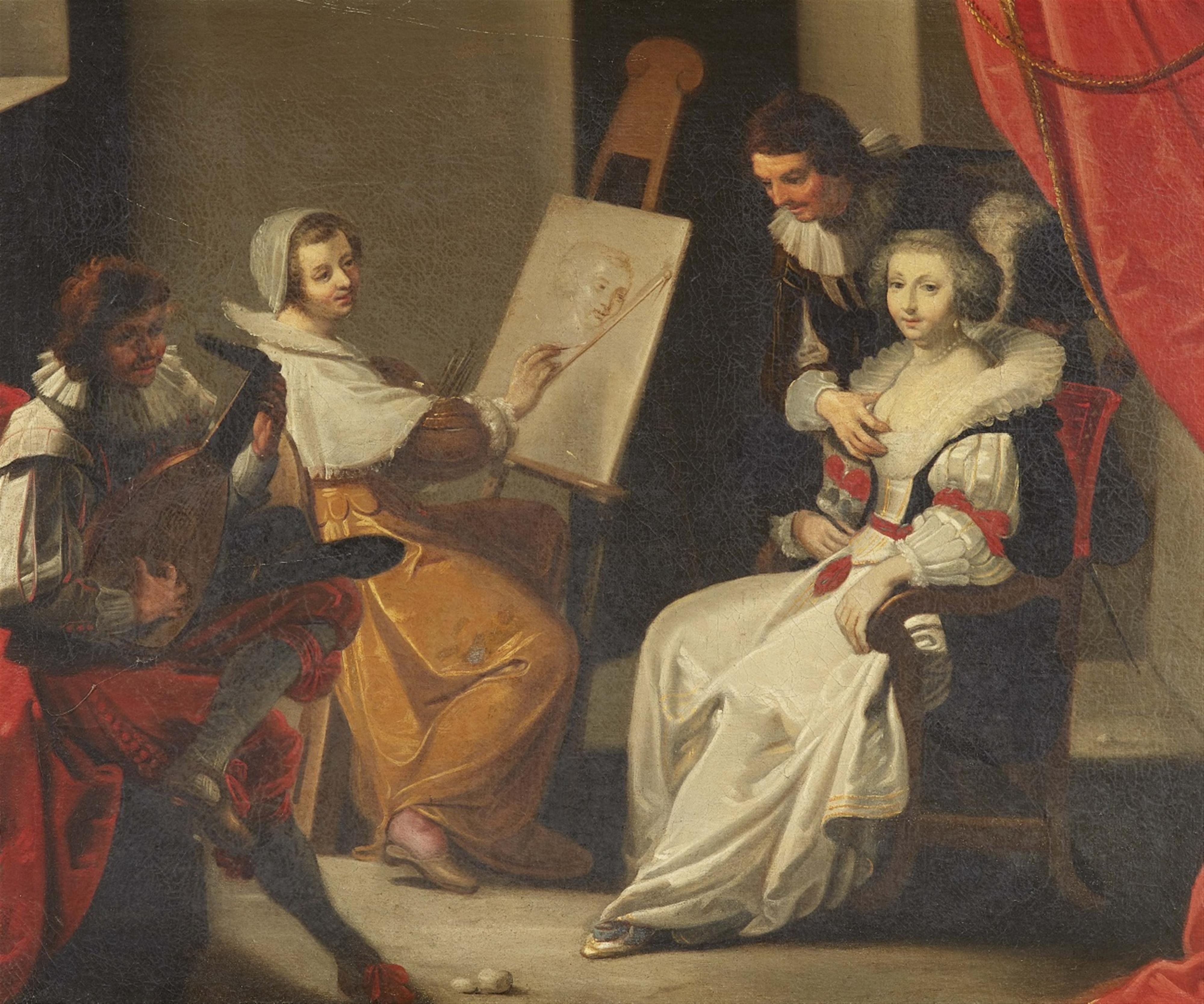 Dutch School 17th century - Interior Scene with a Painter, her Model, and a Lute Player (Possibly an Allegory of the Five Senses) - image-1