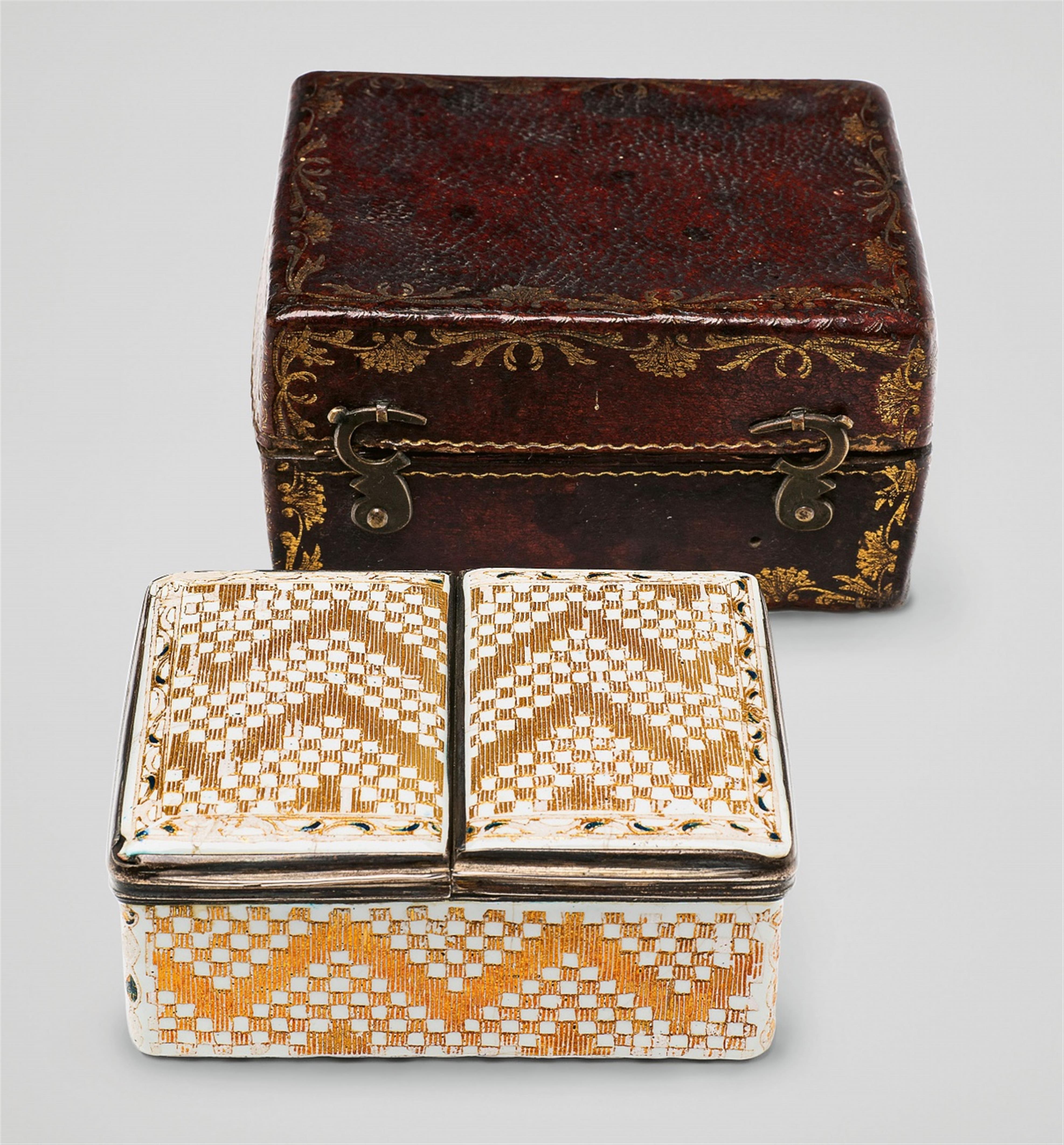 A rare gilt enamel double box in a leather case - image-1