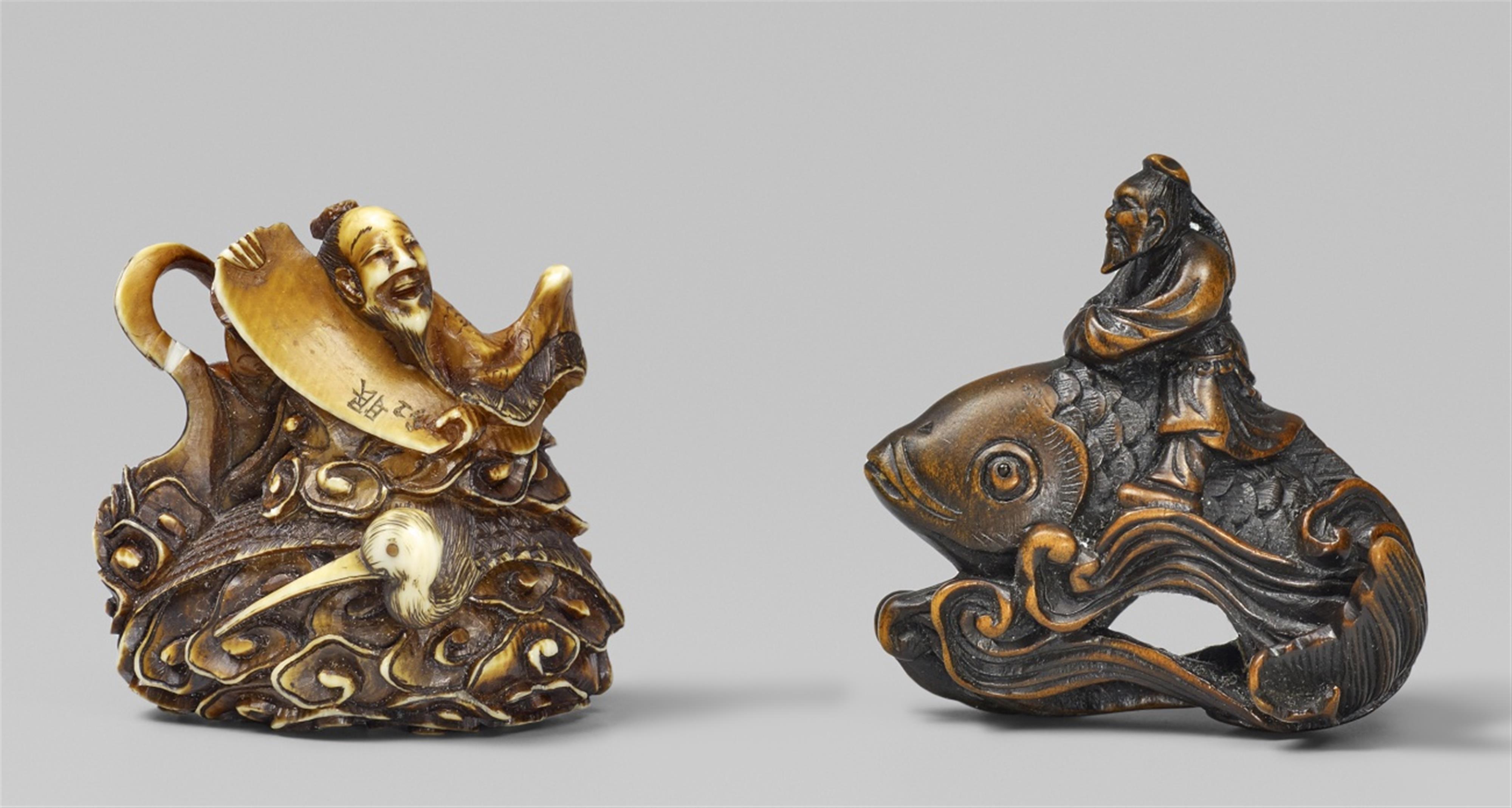 Two netsuke of sennin. Wood and ivory. 19th century - image-1