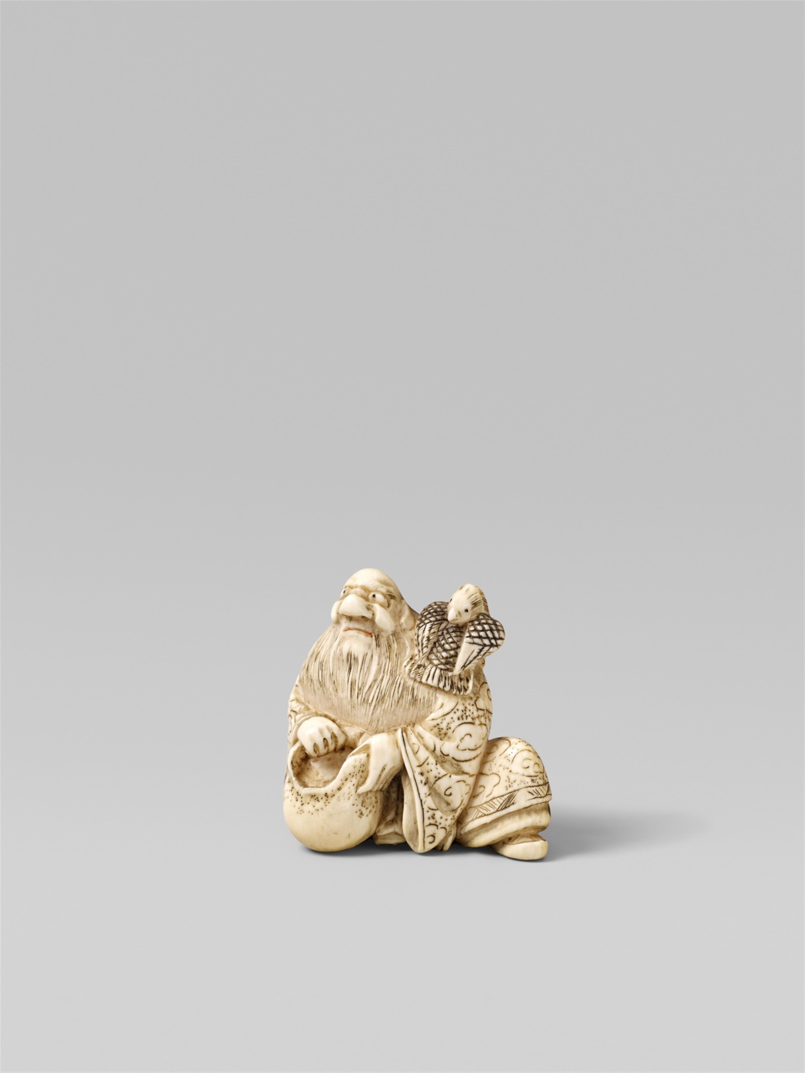 An ivory netsuke of Sôjôbô with a bird. 2nd half 19th century - image-1