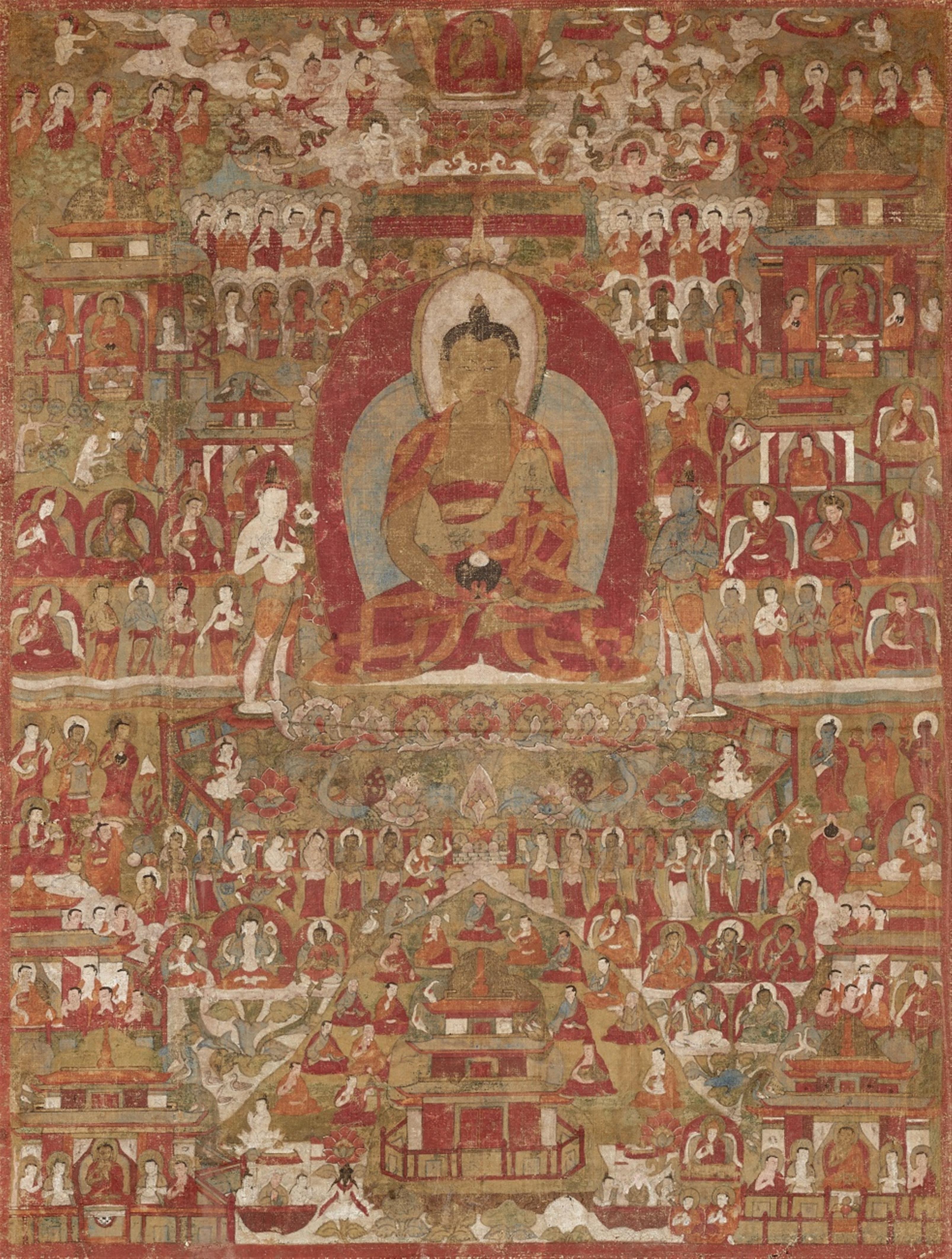 Thangka des Amitabha in seinem Westlichen Paradies Sukhavati. Tibet 15. Jh. oder später - image-2