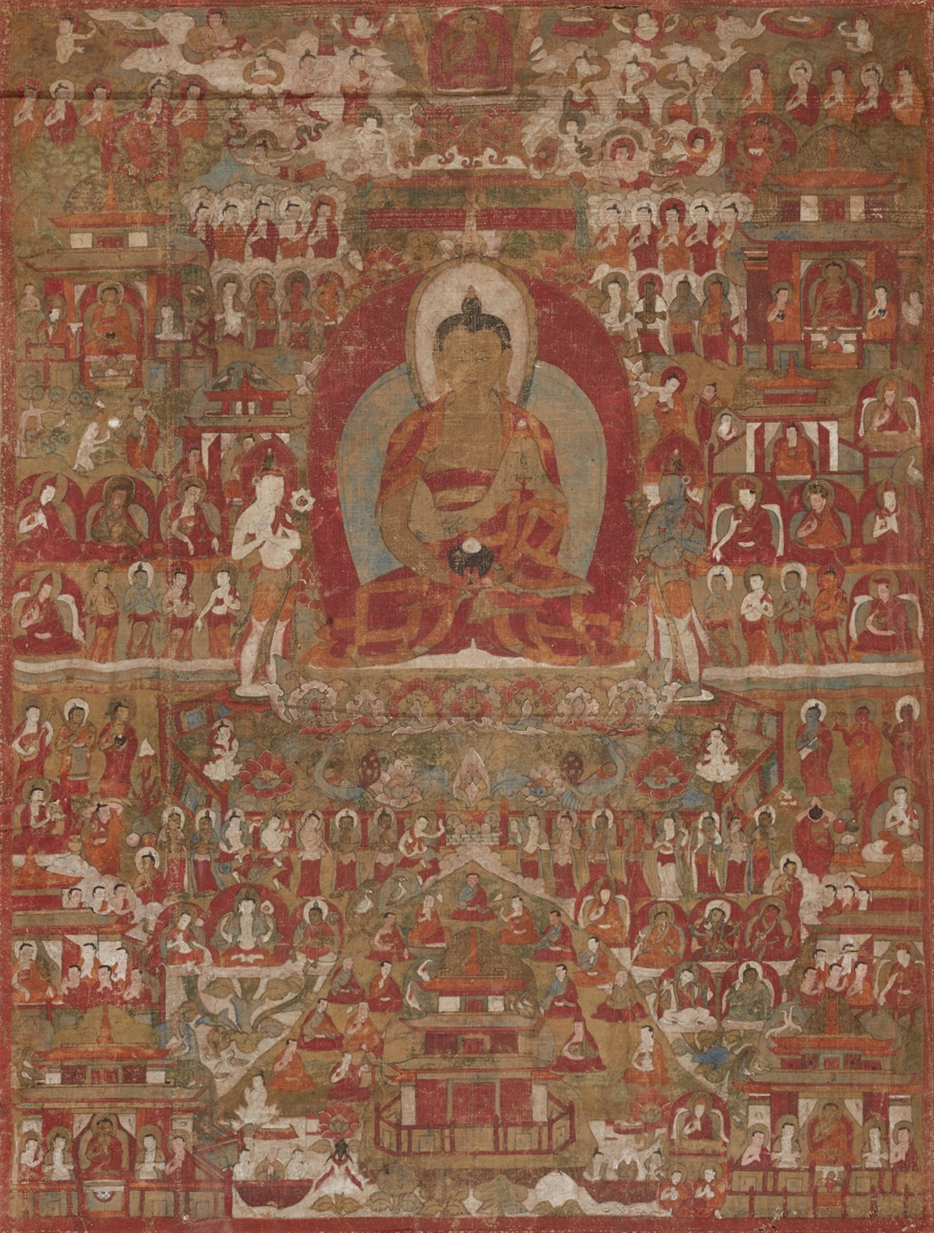 A Tibetan thangka of Amitabha in Sukhavati. 15th century or later - image-1