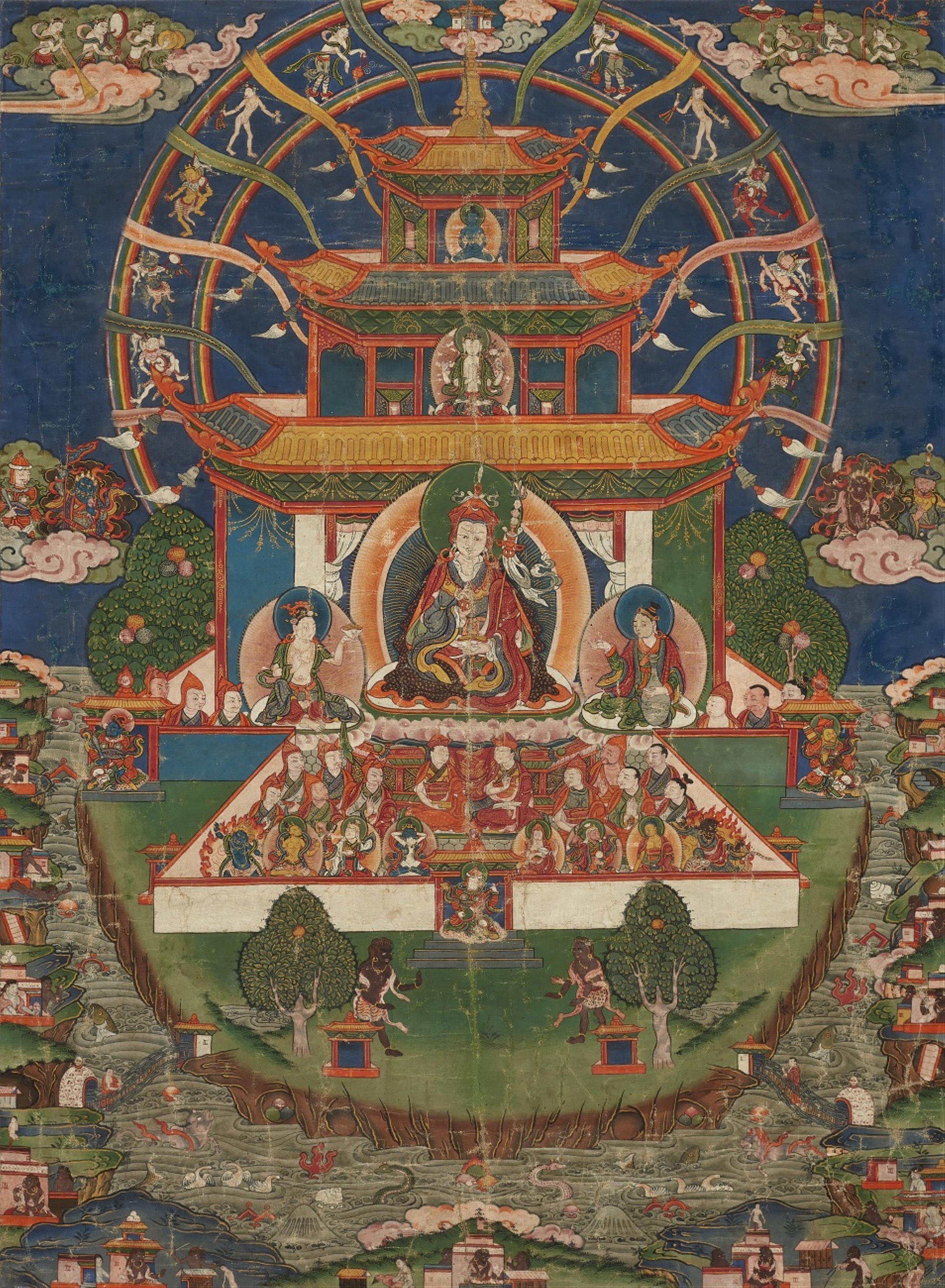 A Tibetan thangka of Padmasambhava in his Copper Mountain Paradise. 19th century - image-1