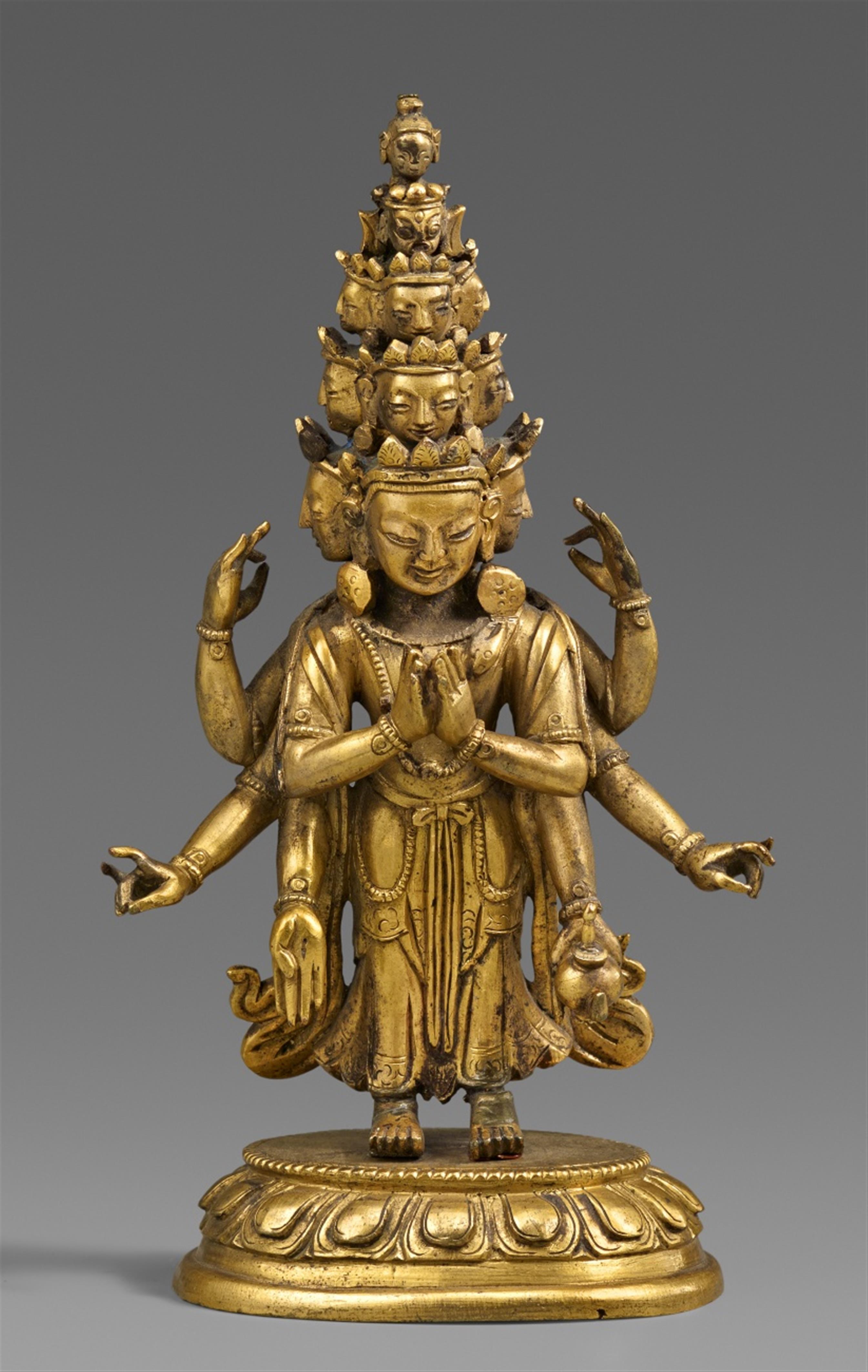 A Tibeto-Chinese gilt bronze figure of the eleven-headed Avalokiteshvara Ekadashamukha. 18th century - image-1