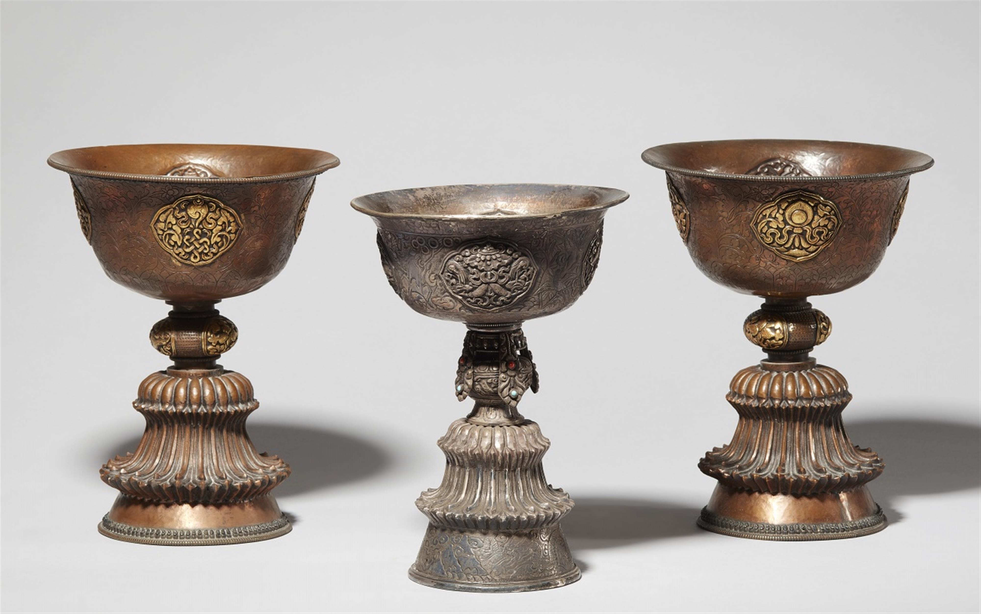 A Tibetan silver butter lamp and a pair copper butter lamps - image-1