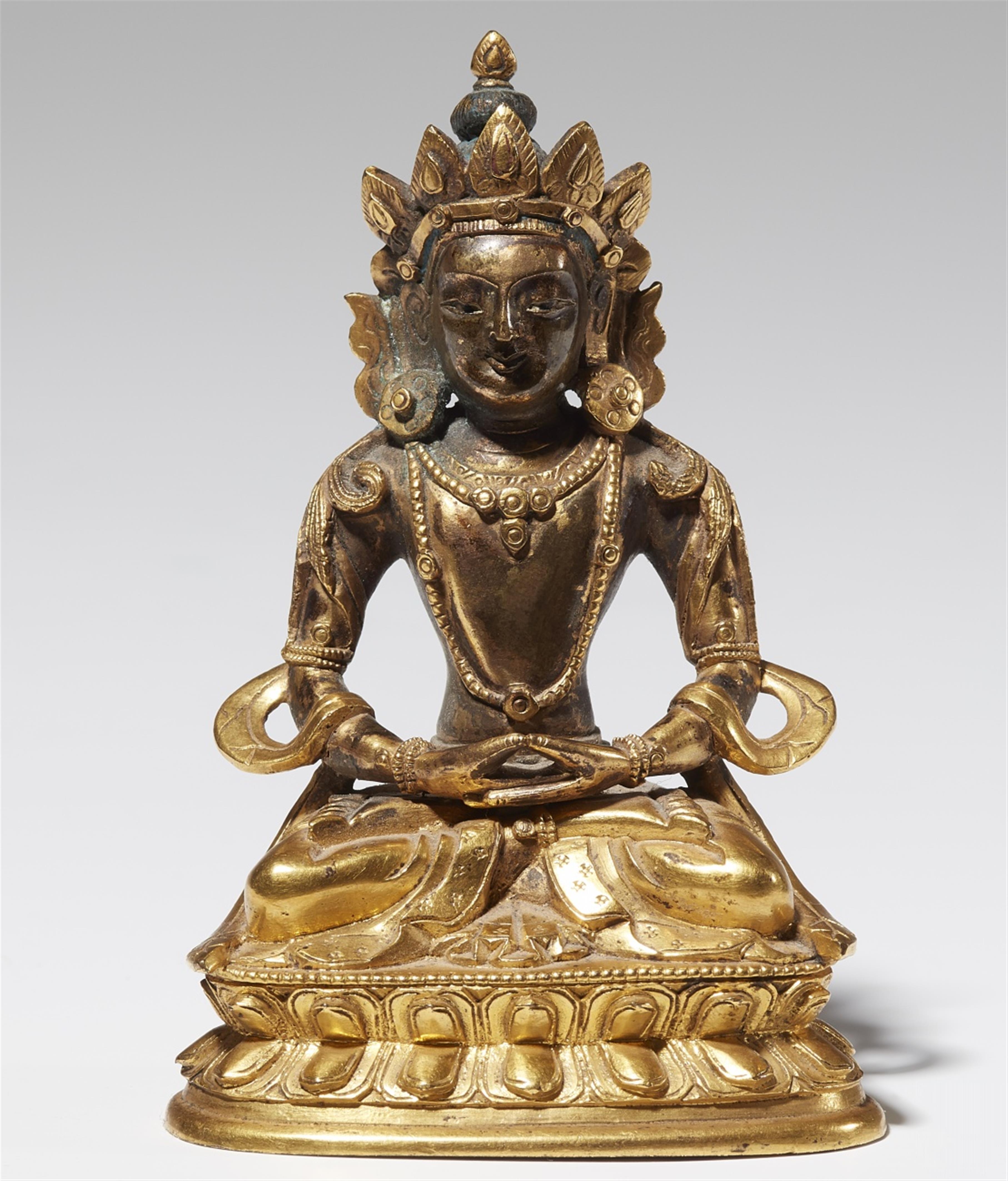A Tibeto-Chinese gilt bronze figure of Buddha Amitayus. 18th century. - image-1