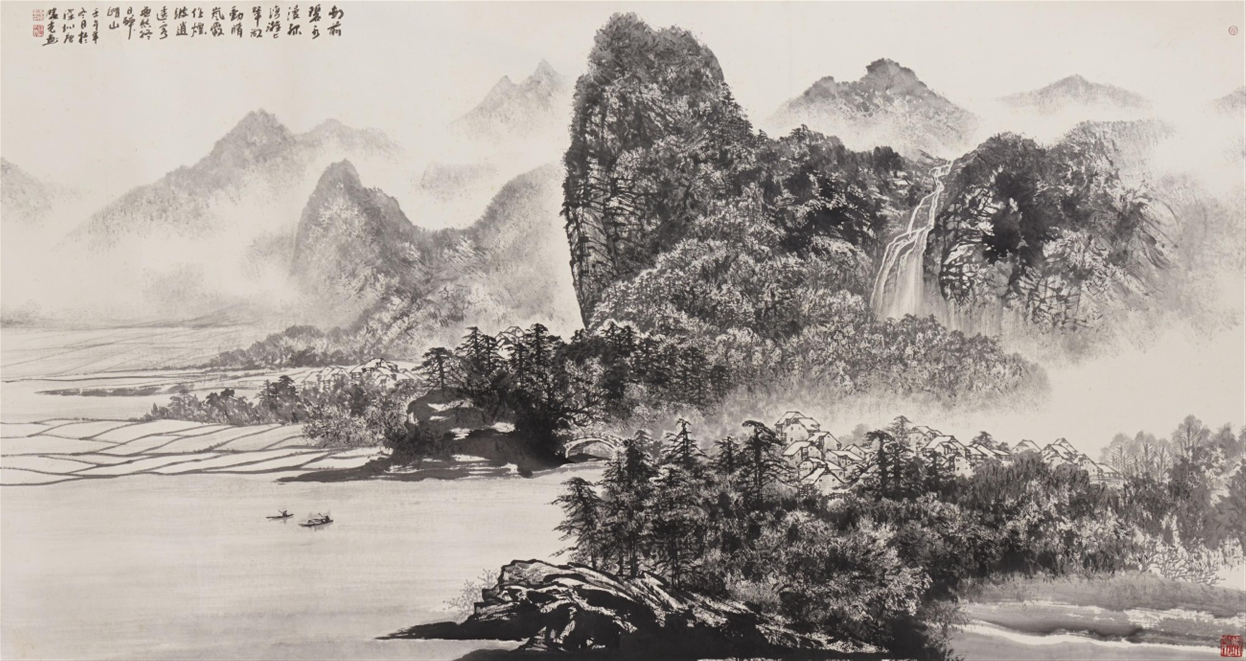 Tang Xiaoguang - Landschaft. Querrolle. Tusche auf Papier. Aufschrift, zyklisch datiert renwu (2002), sign.: Tang Xiaoguang und Siegel: Tang Xiaoguang und drei weitere Siegel. Montiert mit Seide... - image-1