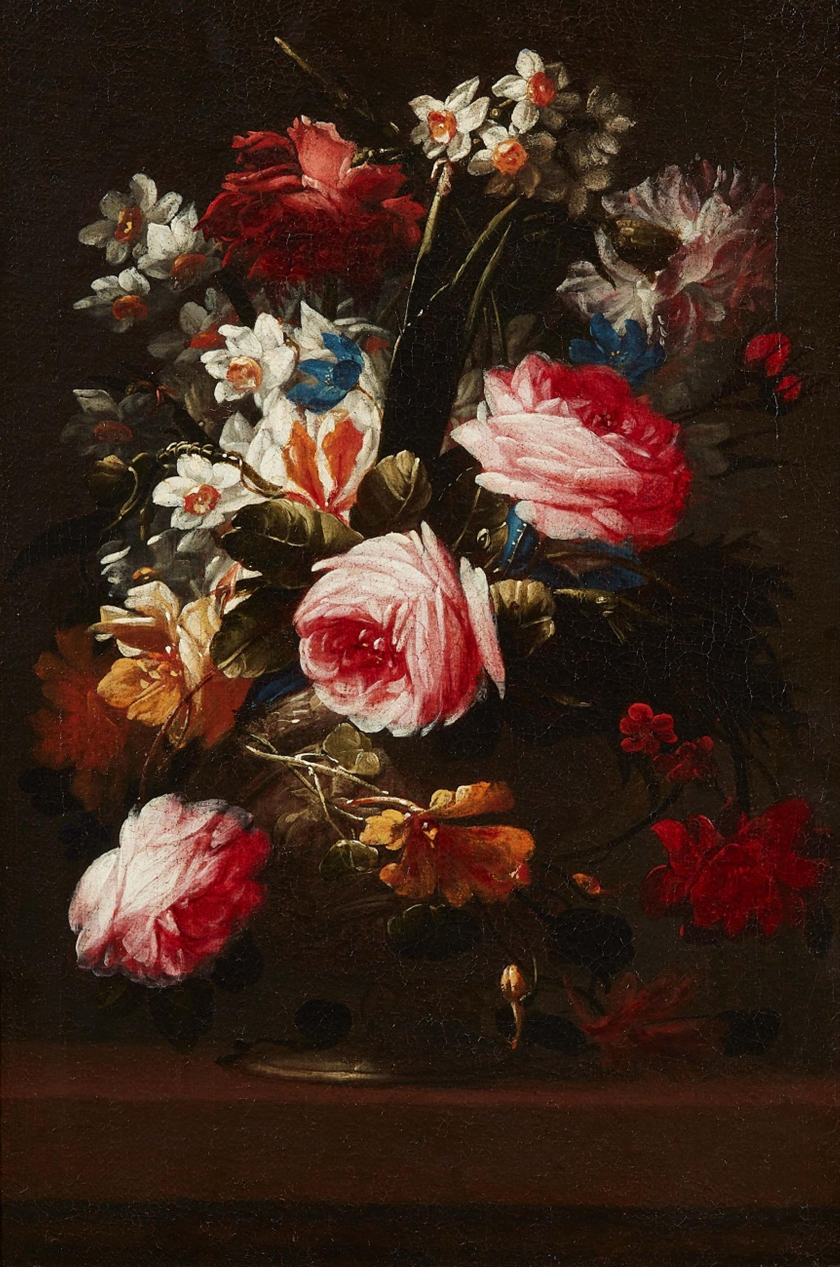 Italian School 17th century - Two Floral Still Lifes in a Vase with Roses, Morning Glory, Columbines, Hyacinths, and Narcissi - image-1