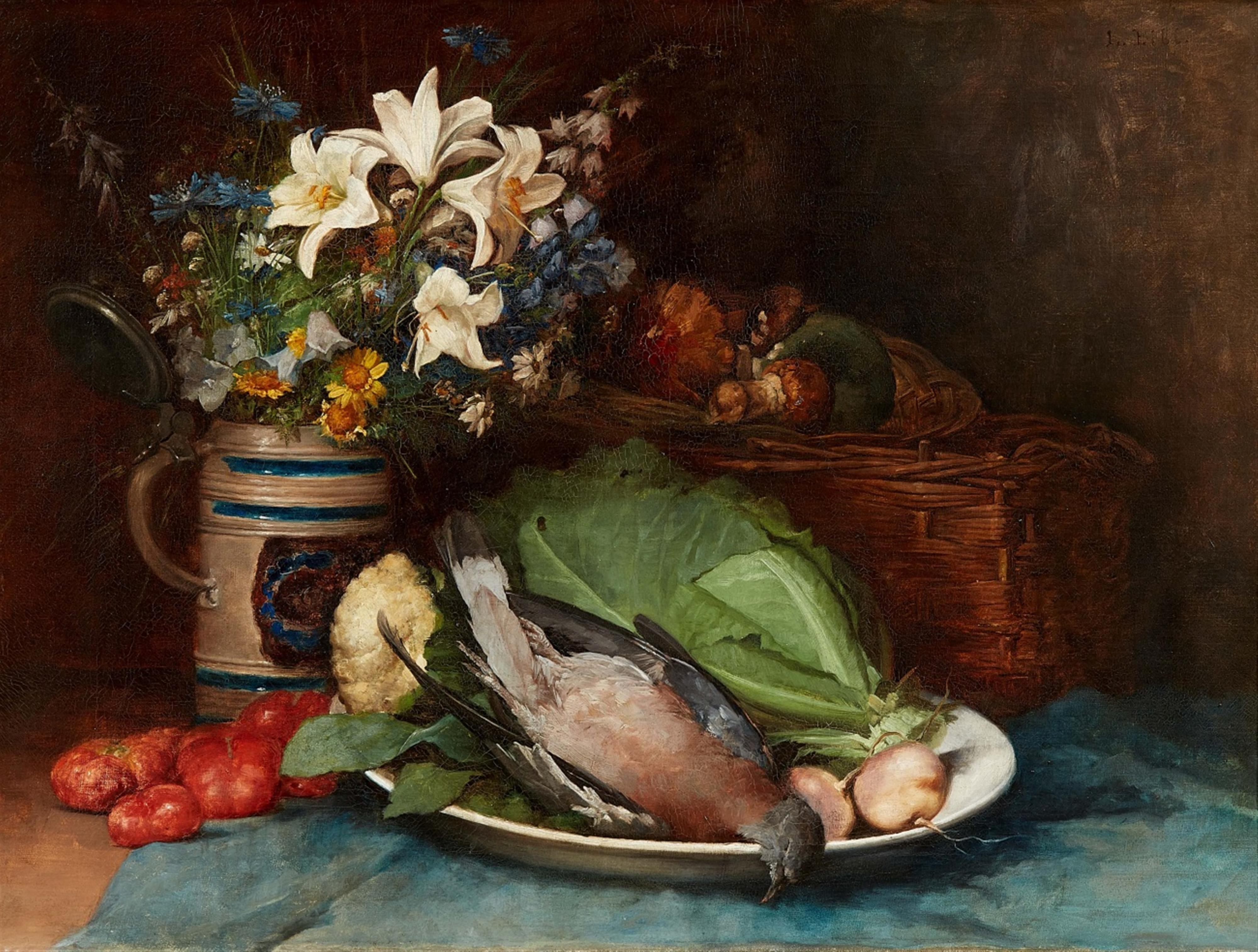 Ludwig Eibl - Still Life with Flowers in a Pitcher, Vegetables, Mushrooms, and a Pigeon - image-1