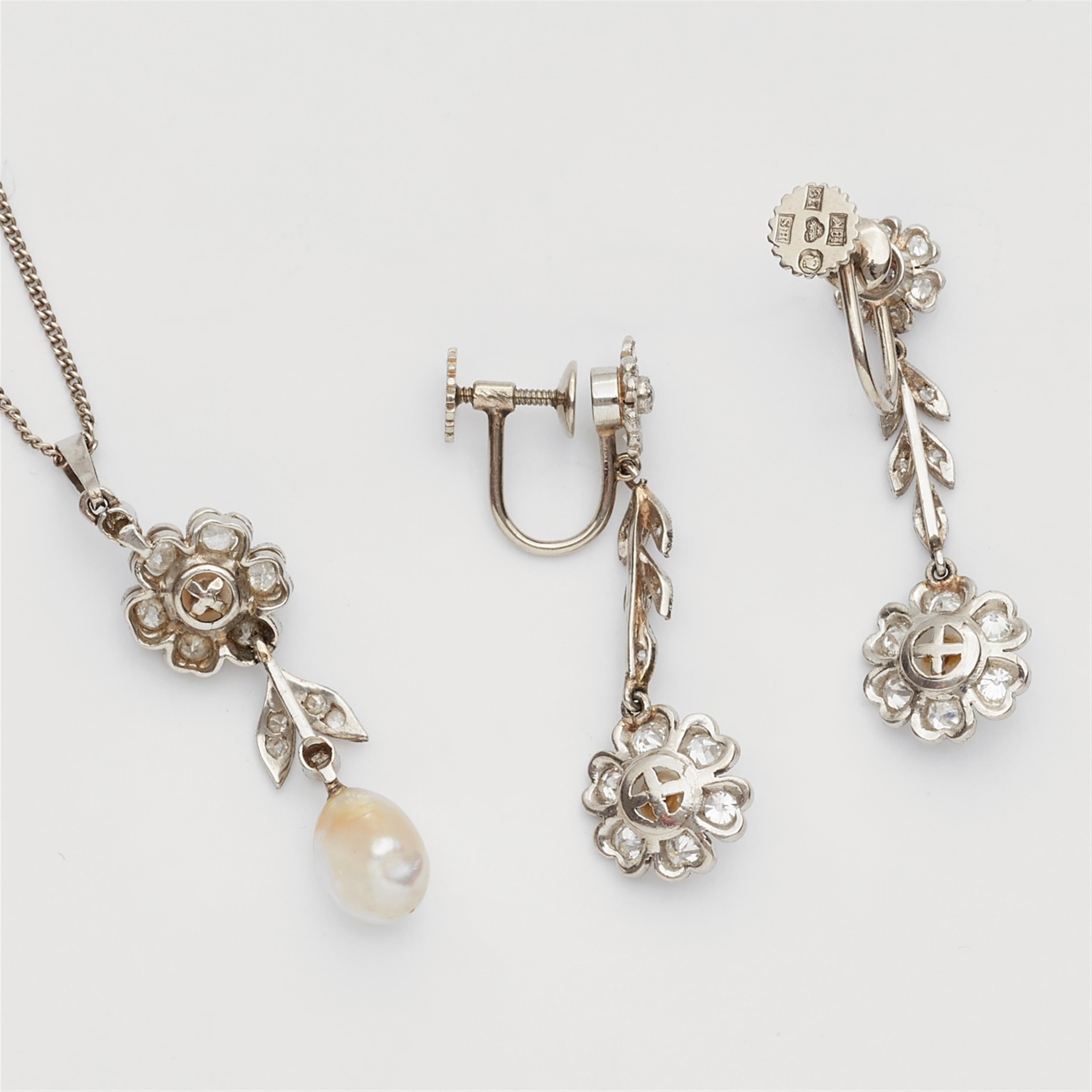 An 18k white gold, diamond and Oriental pearl pendant and earrings - image-2