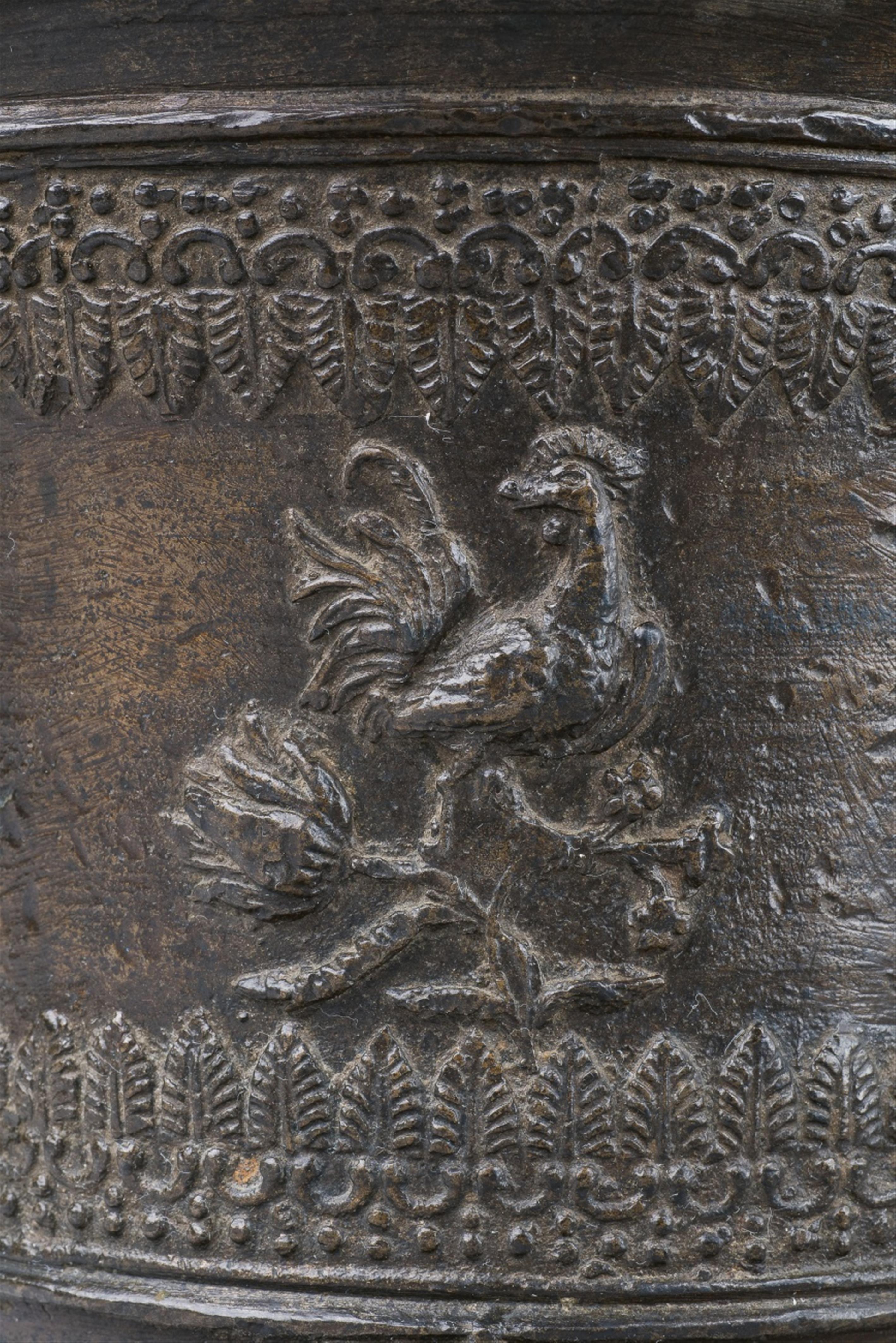 A large kitchen mortar with a partridge and a cockerel - image-3