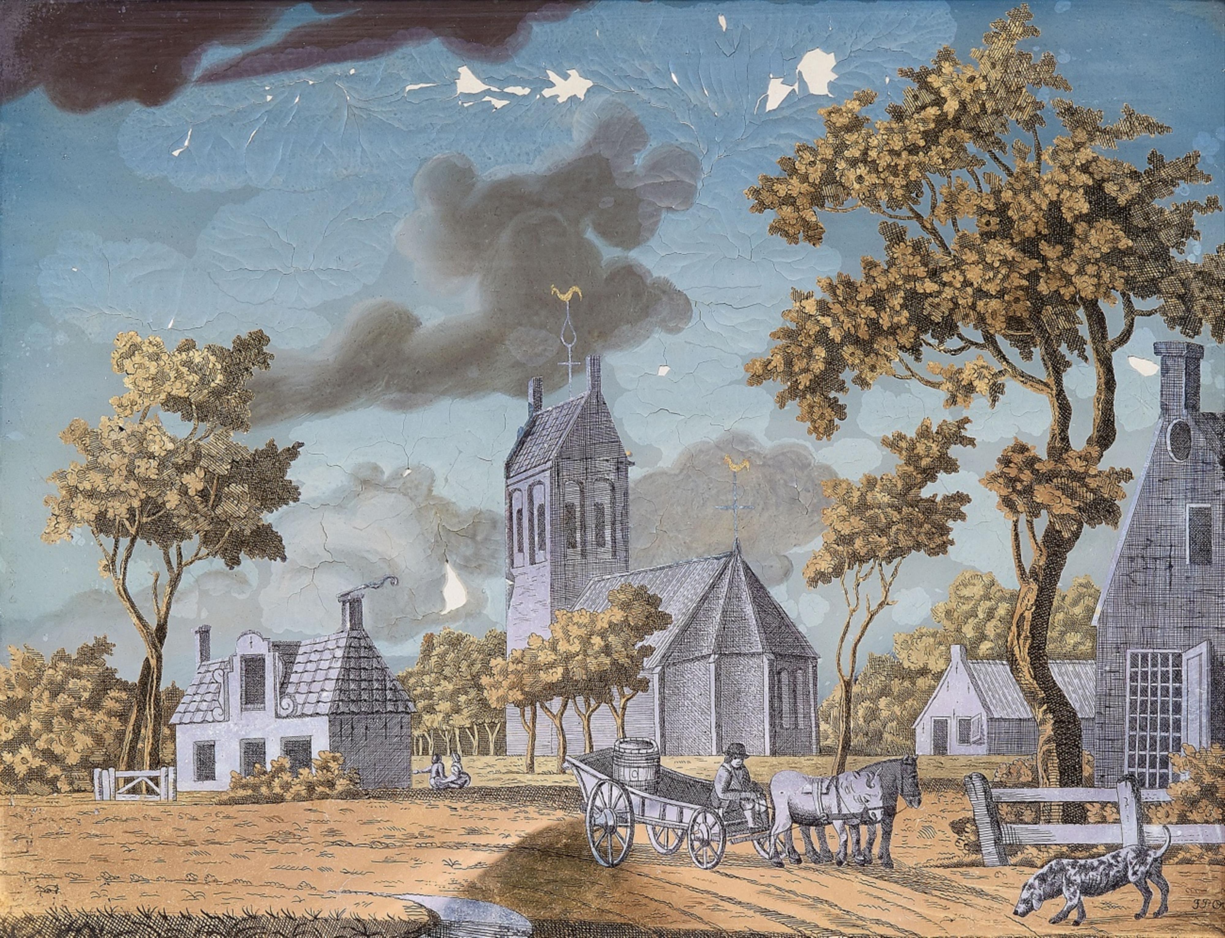 An eglomisé painting with a Dutch village scene - image-1