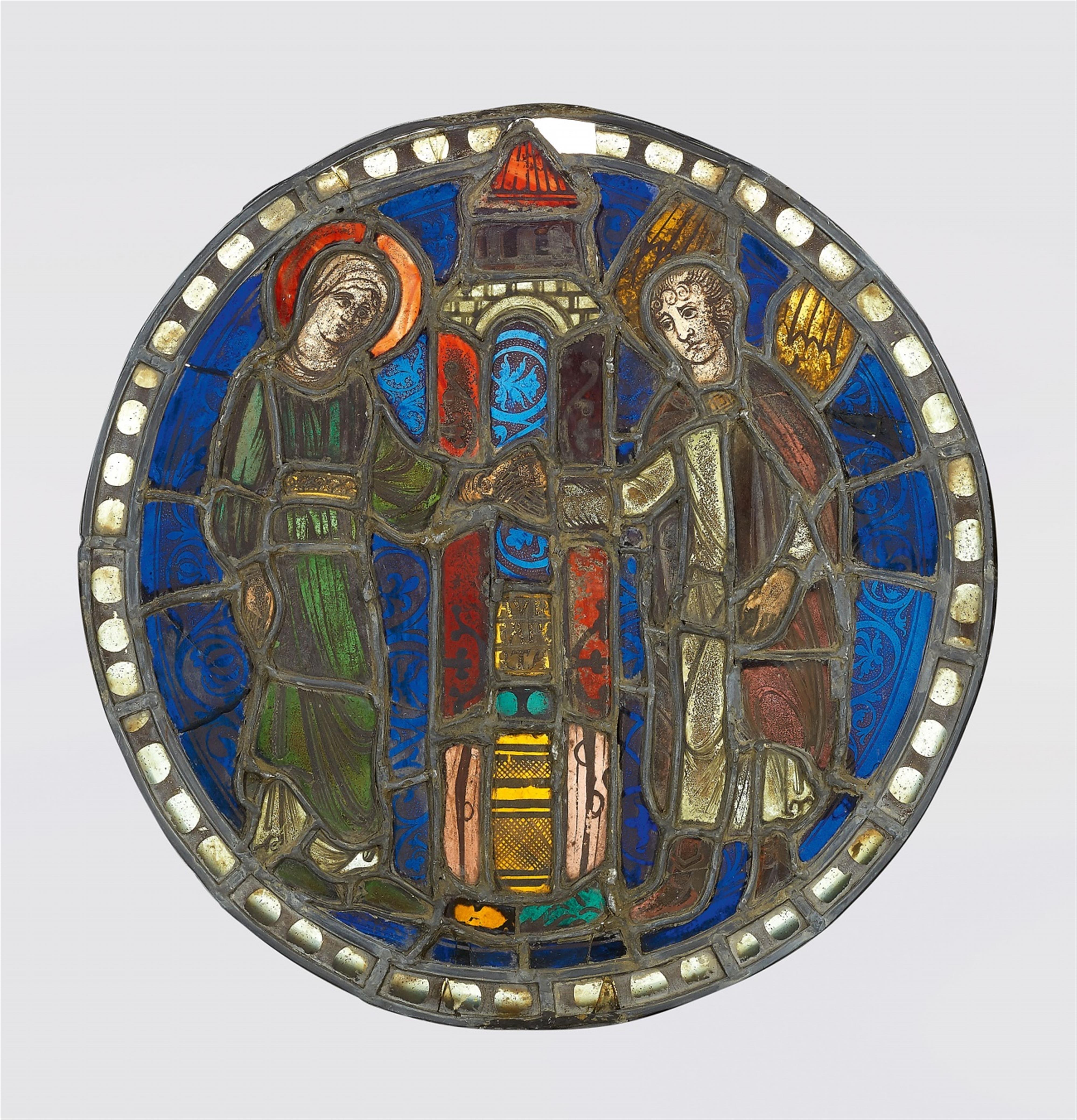 A Gothic stained glass roundel with Saint Joachim and Saint Anne meeting by the Golden Gate - image-1