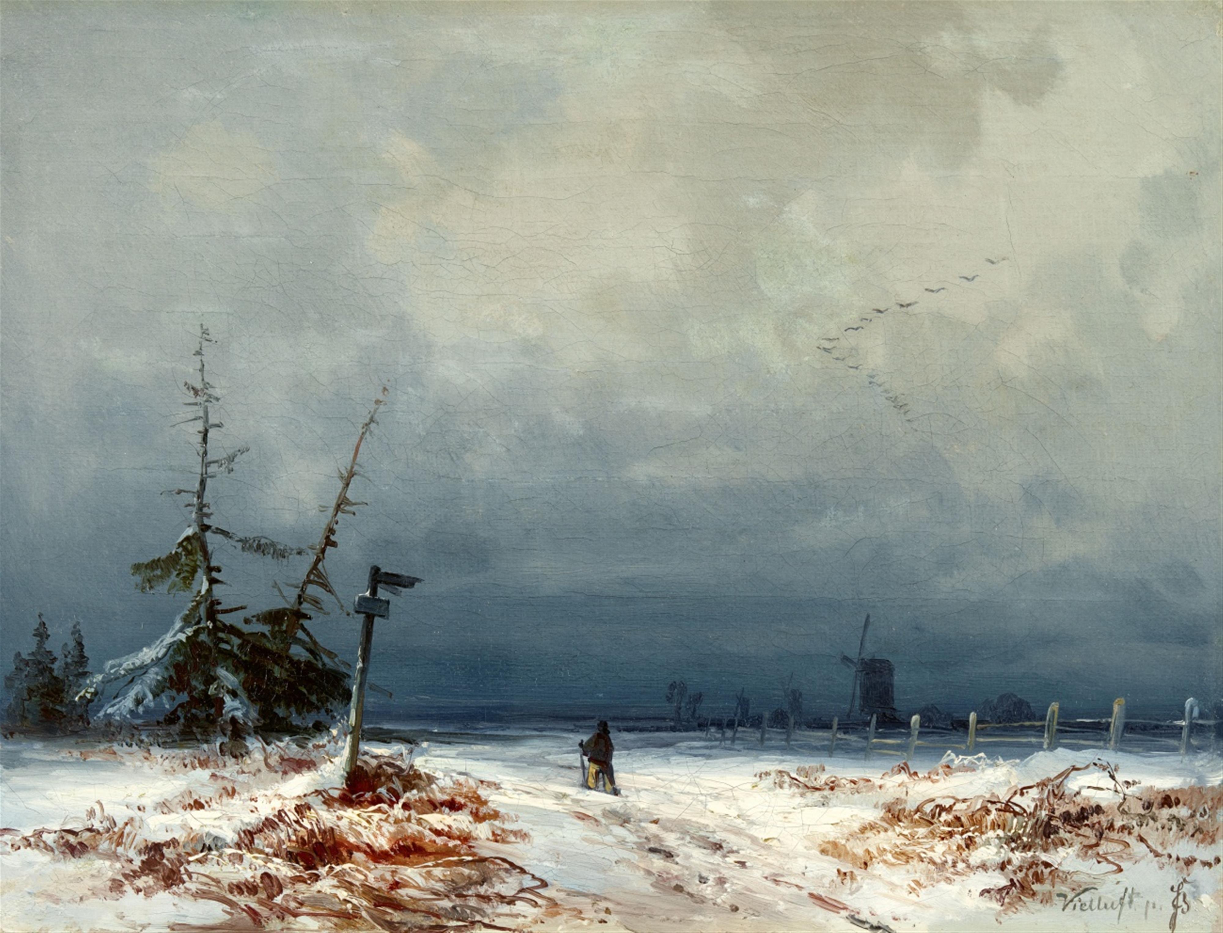 Bernhard Fiedler - Winter landscape with windmill and hiker - image-1