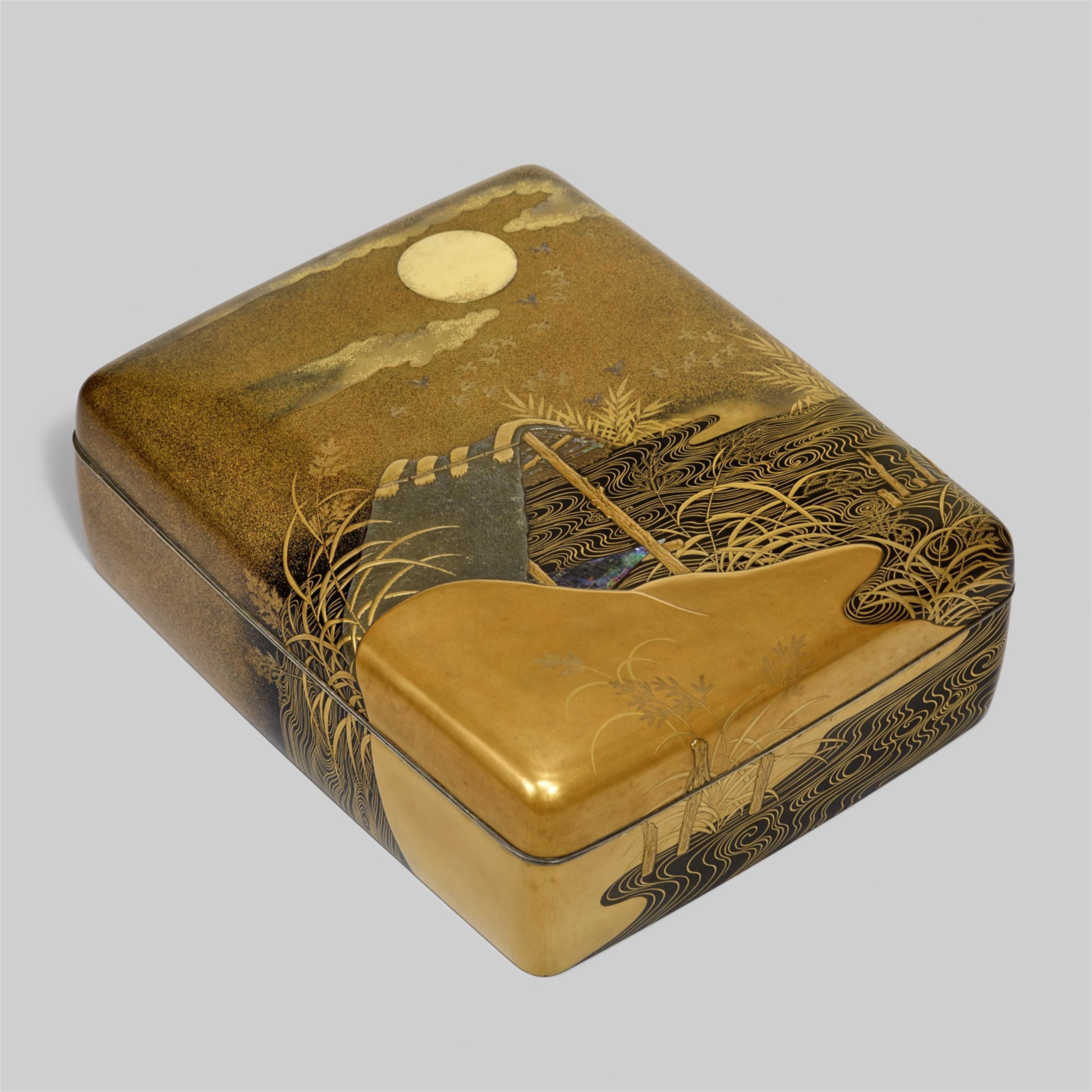 A large maki-e lacquer box for writing paper (ryôshibako) with various inlays. Meiji period, late 19th century - image-1