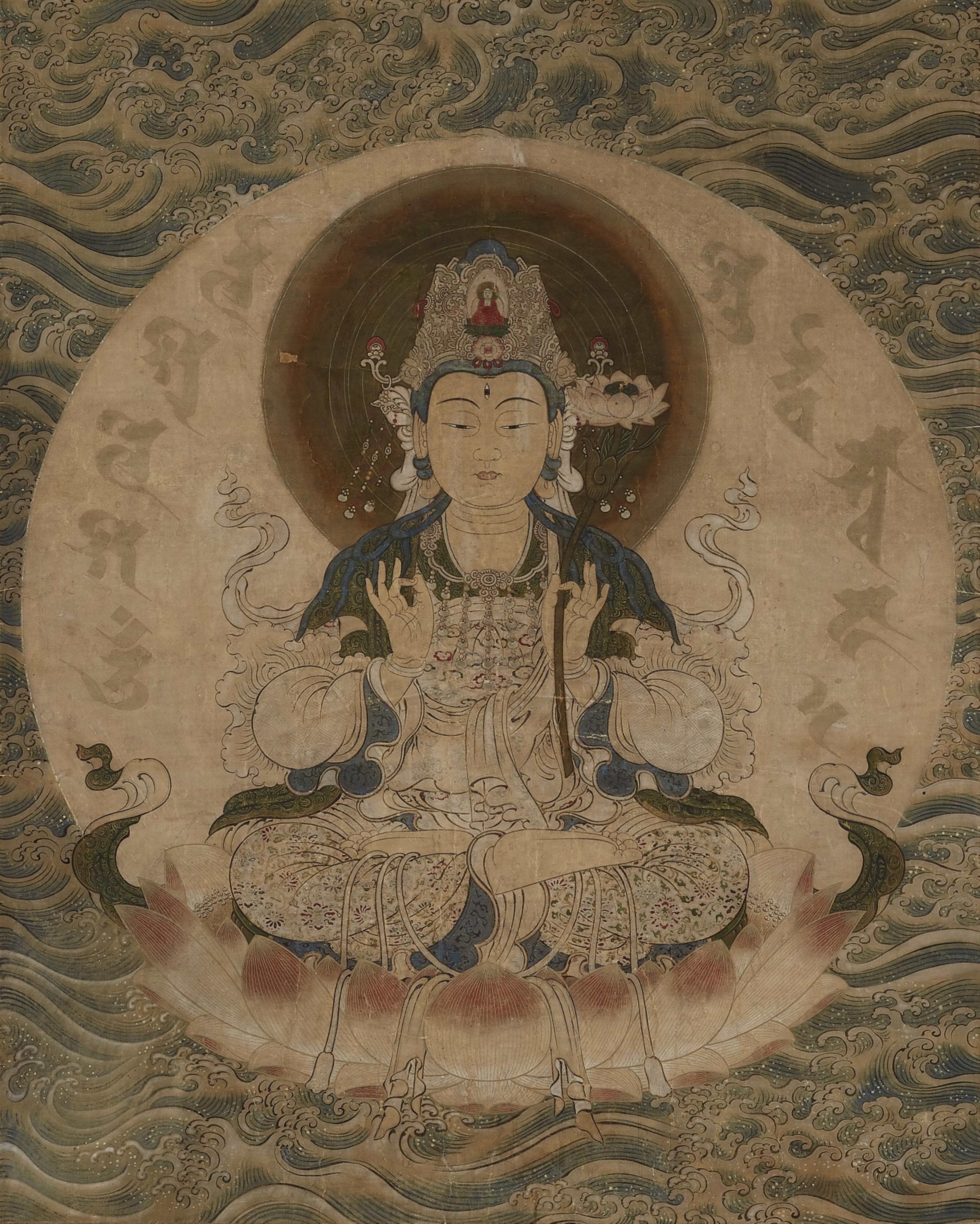 Unidentified painter . Early Edo period - Hanging scroll, depicting Kannon Bosatsu seated in meditation on a lotus throne, a lotus flower in the raised left hand, wearing a diadem with an Amida Butsu at the centre, and ... - image-1