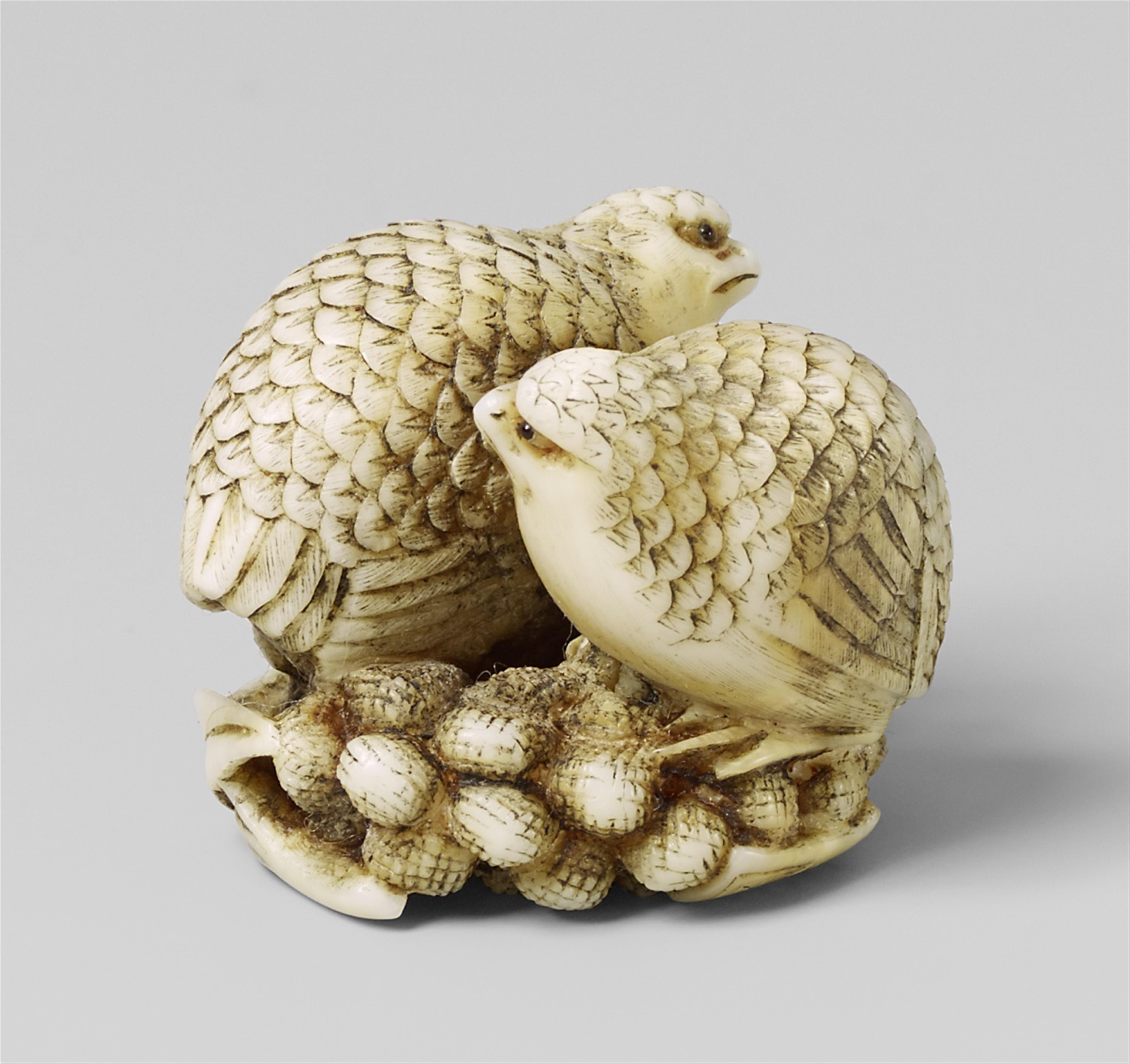 An ivory netsuke of two quails on millet. 19th century - image-1