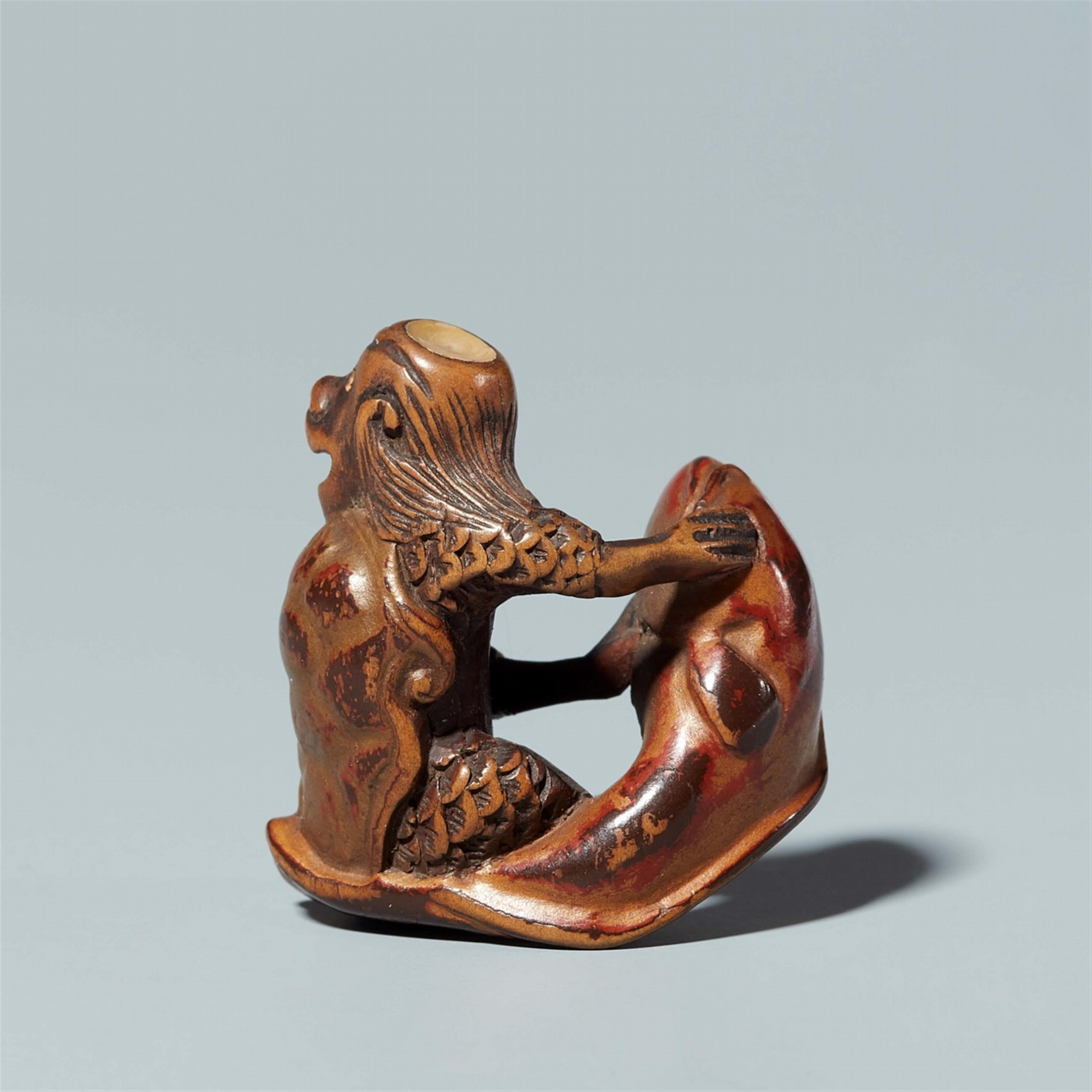A wood, lacquer and mother of pearl netsuke of a kappa and a catfish. Mid-19th century - image-3