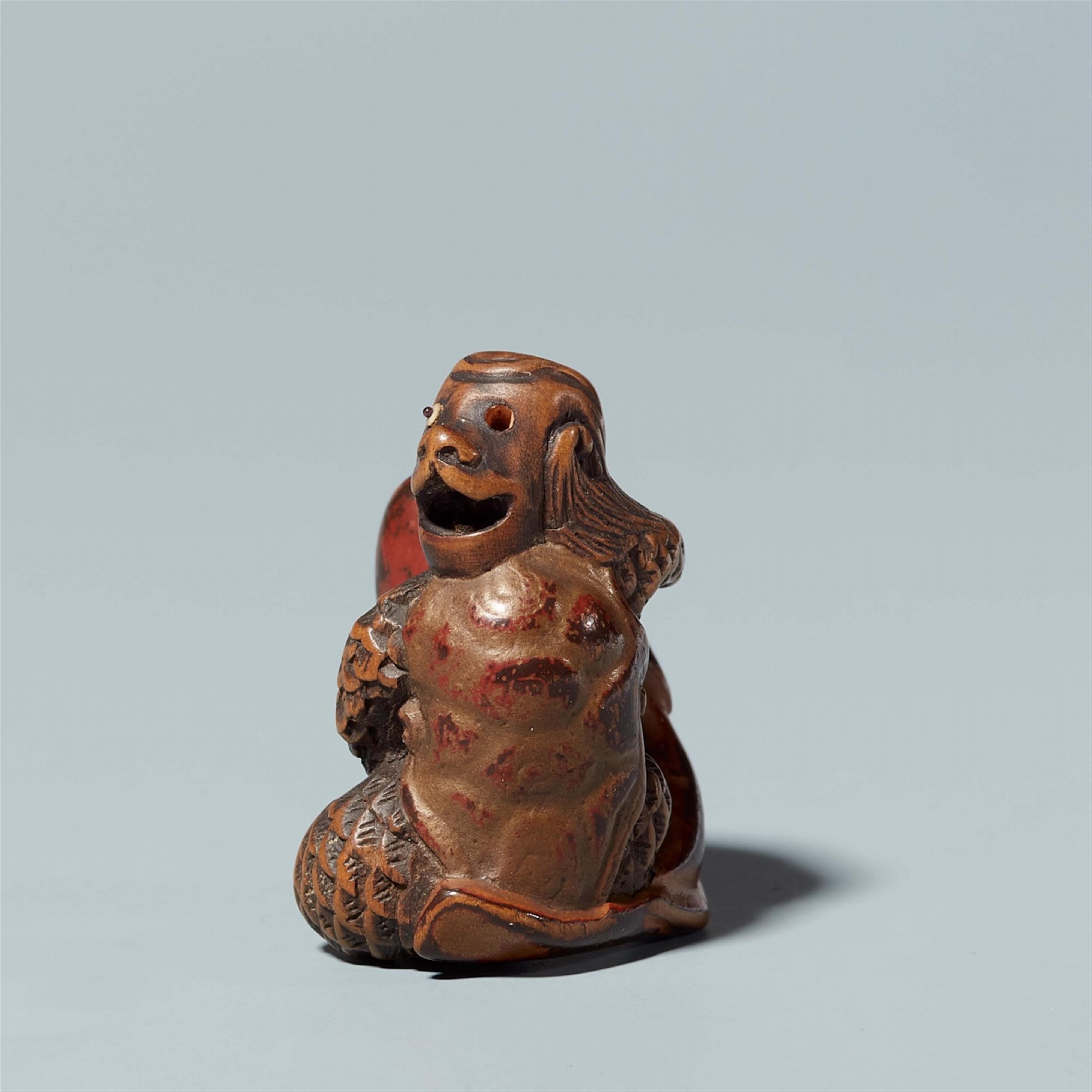 A wood, lacquer and mother of pearl netsuke of a kappa and a catfish. Mid-19th century - image-4